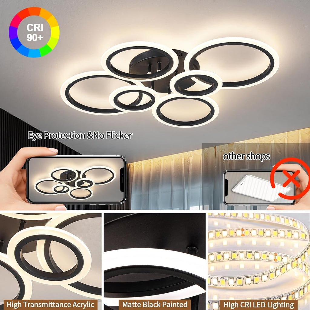 Shine LUEST 6 Rings Black Modern LED Ceiling Light Fixture, Flush Mount Ceiling Light with Remote Dimmable Brightness, Adjustable 3000-6000K Color Temperature, Timer for Living Room, Bedroom