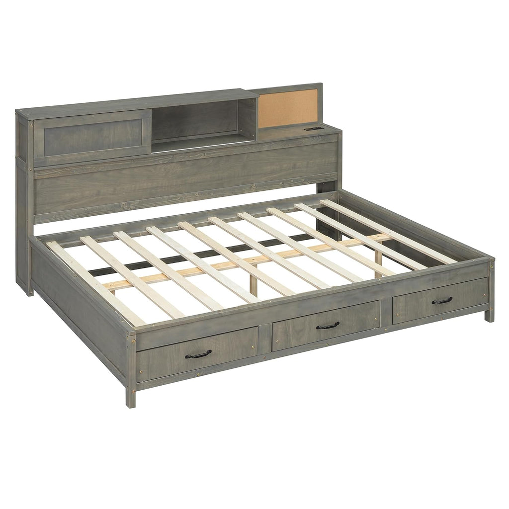 Ball & Cast Full Size Wooden Daybed with 3 Storage Drawers and Upper Soft Board,Versatile Day Bed w/a Set of Sockets & USB Ports,Bedroom Furniture for Apartment,Guest Room,Gray