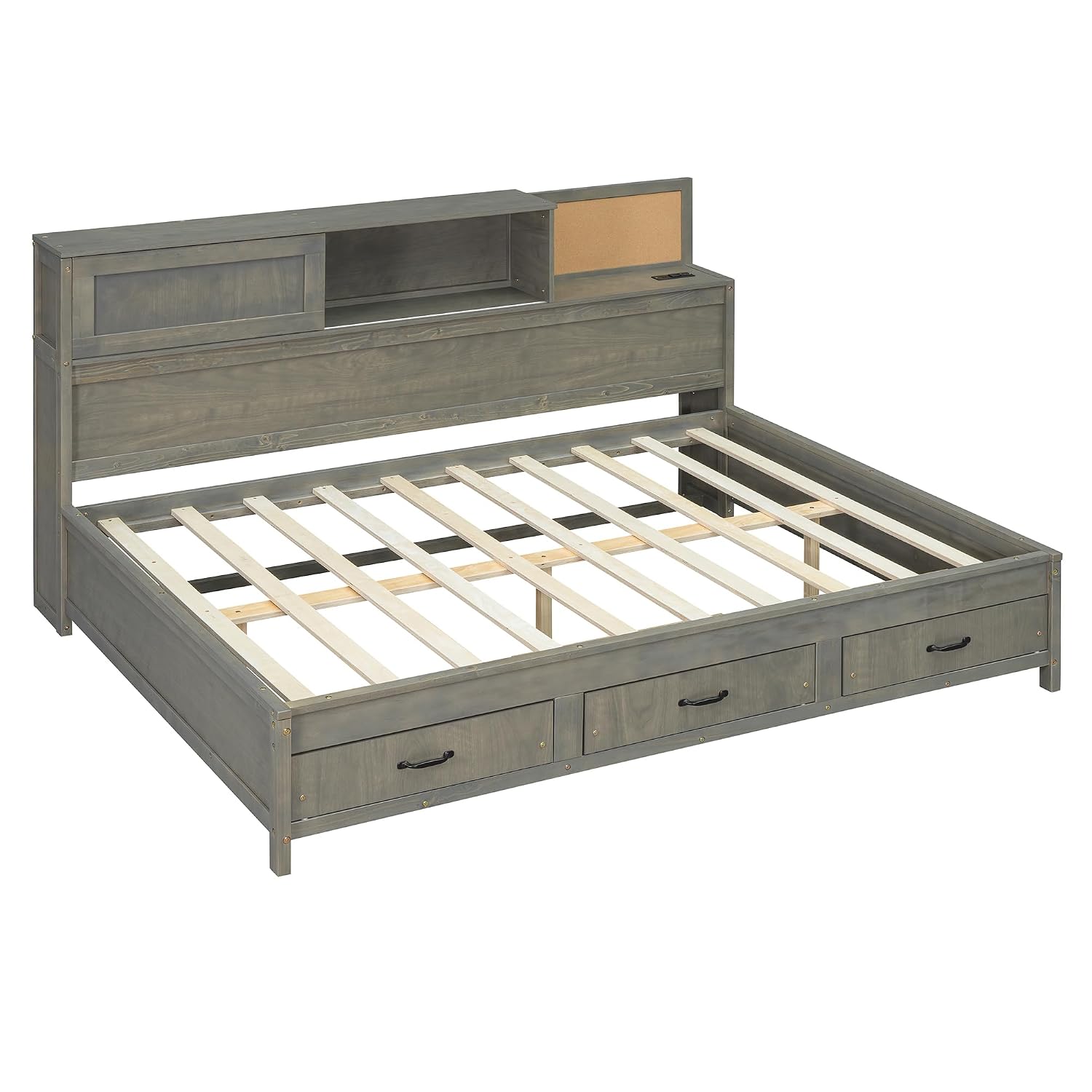 Ball & Cast Full Size Wooden Daybed with 3 Storage Drawers and Upper Soft Board,Versatile Day Bed w/a Set of Sockets & USB Ports,Bedroom Furniture for Apartment,Guest Room,Gray