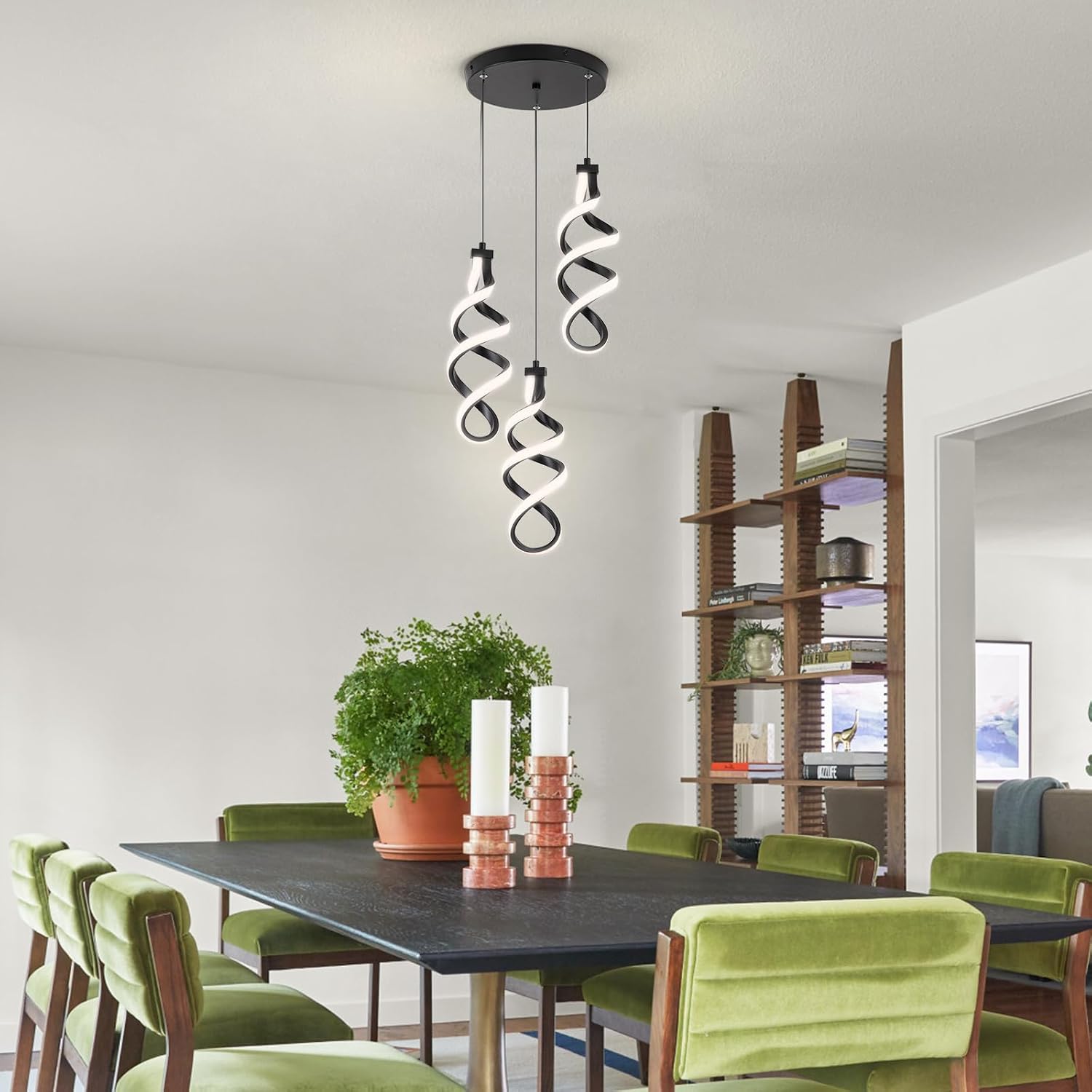 Modern Led Pendant Light Fixture, 45W Black Spiral Led Chandelier Hanging Lamp, 4500K 3 Light Cluster Pendant Lighting, Adjustable Height Pendant Light for Dining Room Bedroom Kitchen Island (3 Light)