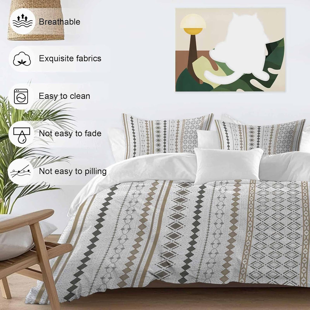 Bohemia Geometric Duvet Cover Set Queen Size 4 Pieces Brown Stripes Diamond Ethnic Linen Texture Bedding Set with Zipper Closure, 1 Comforter Cover 92x106 Inches 1 Flat Sheet & 2 Pillow Cases