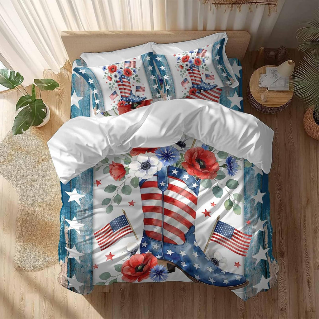 Independence Day Duvet Cover Set Queen Size 4 Pieces American Flag Boots Flowers Blue Wood Grain Bedding Set with Zipper Closure, 1 Comforter Cover 86x86 Inches 1 Flat Sheet & 2 Pillow Cases