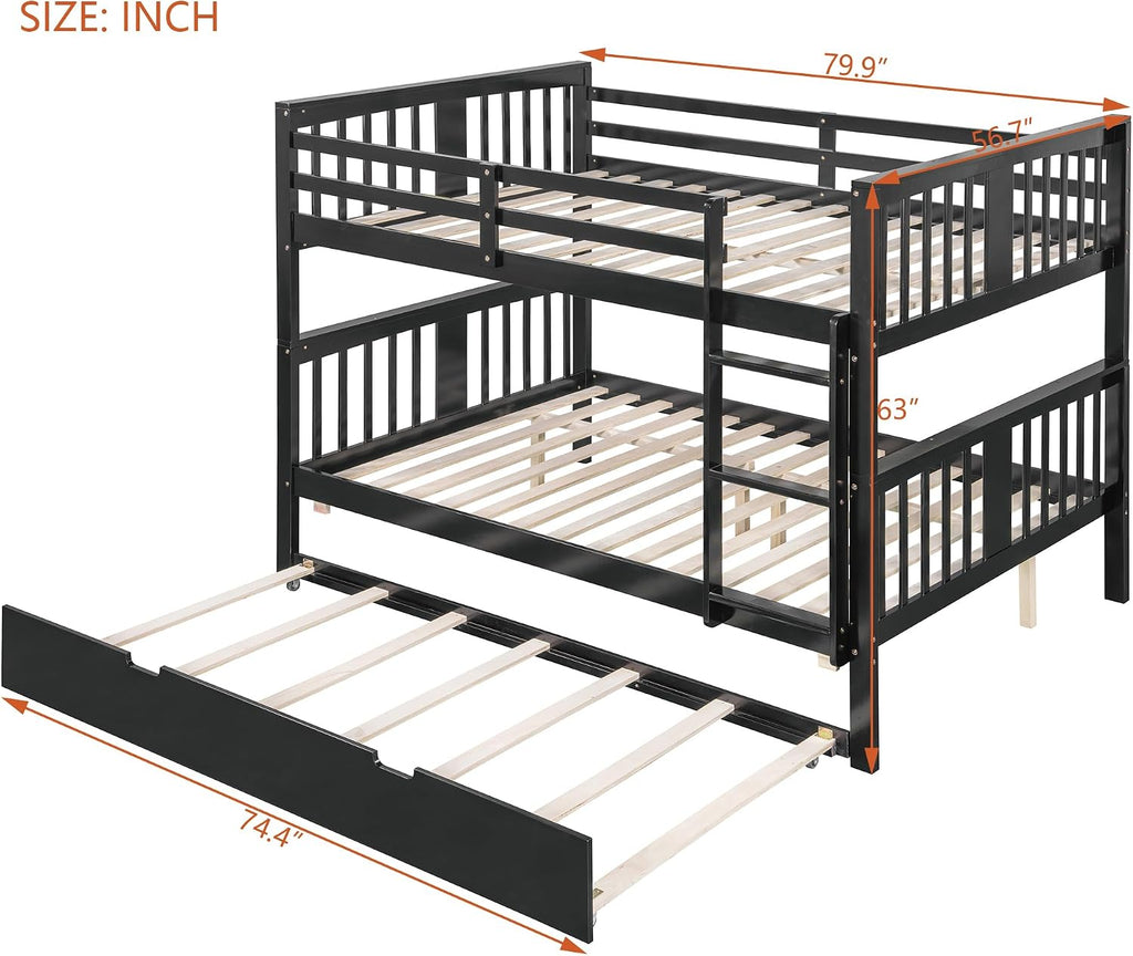 Harper & Bright Designs Full Over Full Bunk Bed with Trundle, Solid Wood Bunk Bed Frame with Ladders, Bedroom Furniture, Espresso