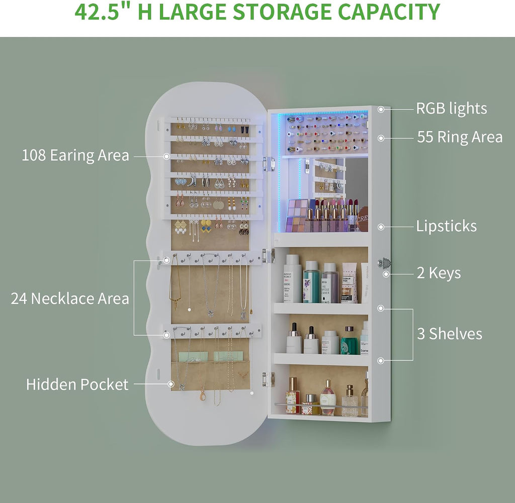 HNEBC LED Mirror Jewelry Cabinet with RGB Lights,42.5' Wall Mounted Jewelry Organizer with Full-Length Mirror,Over The Door Hanging Jewelry Armoire Storage Cabinet,Lockable,Wide Wavy Mirror