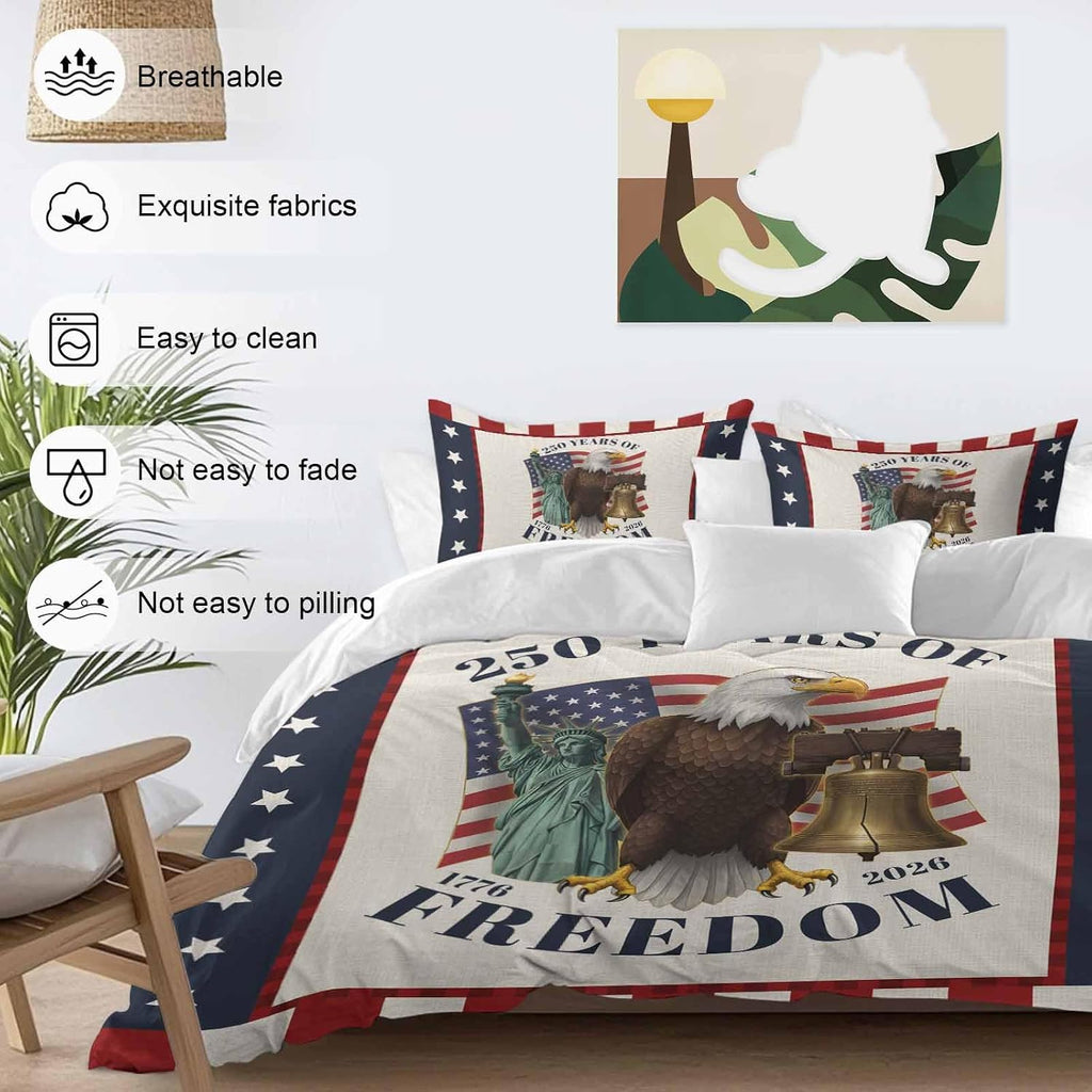 250 Years of Freedom Duvet Cover Set Queen Size 4 Pieces Independence Day Bald Eagle Star Stripe Bedding Set with Zipper Closure, 1 Comforter Cover 90x92 Inches 1 Flat Sheet & 2 Pillow Cases