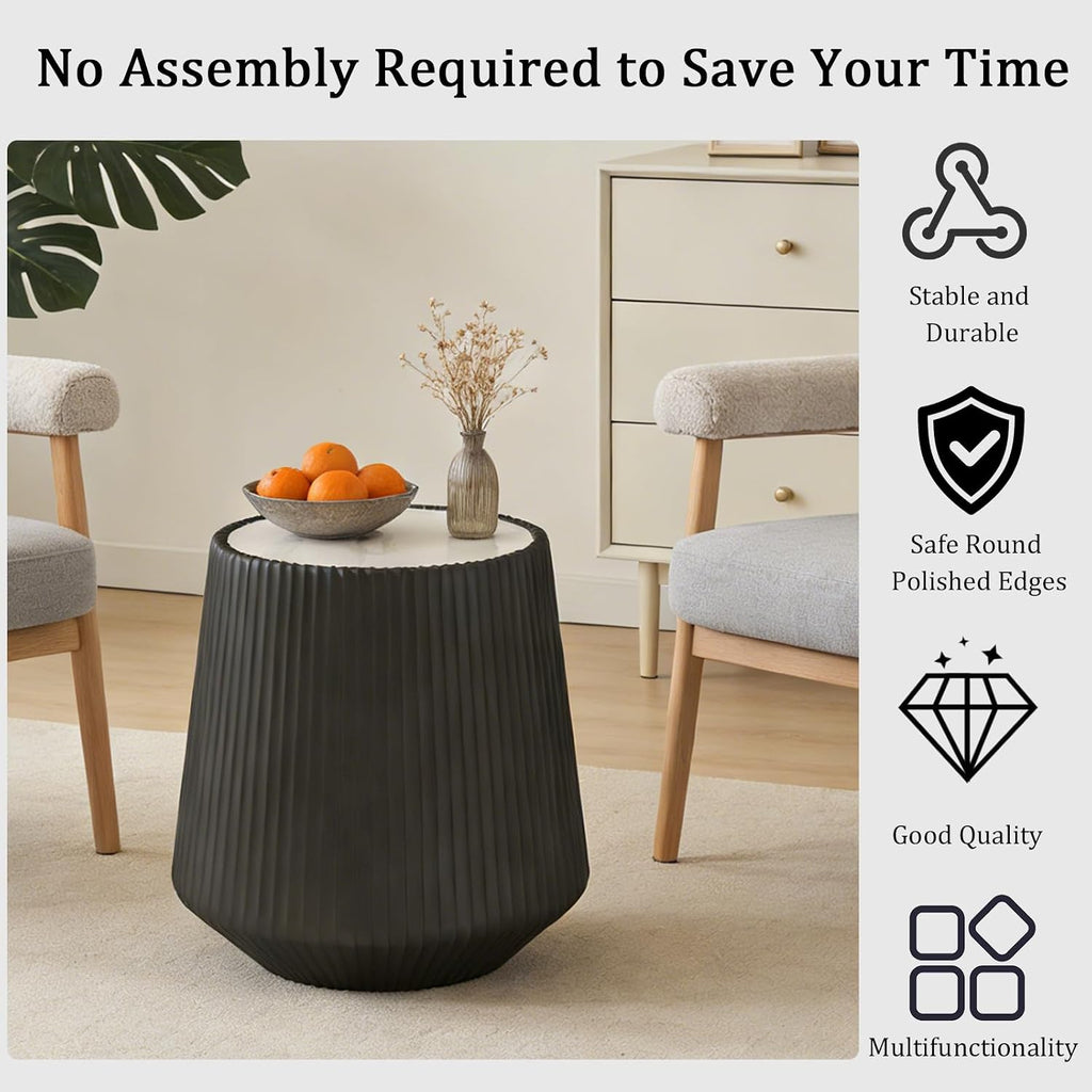 Round Living Room Table Set, 26.77' Grey Drum Center Table and 19.68' Black Coffee Table Set, 2 Pieces Coffee Table Set with Sintered Stone Tabletop, Fluted PU Leather Covered and Stable Base