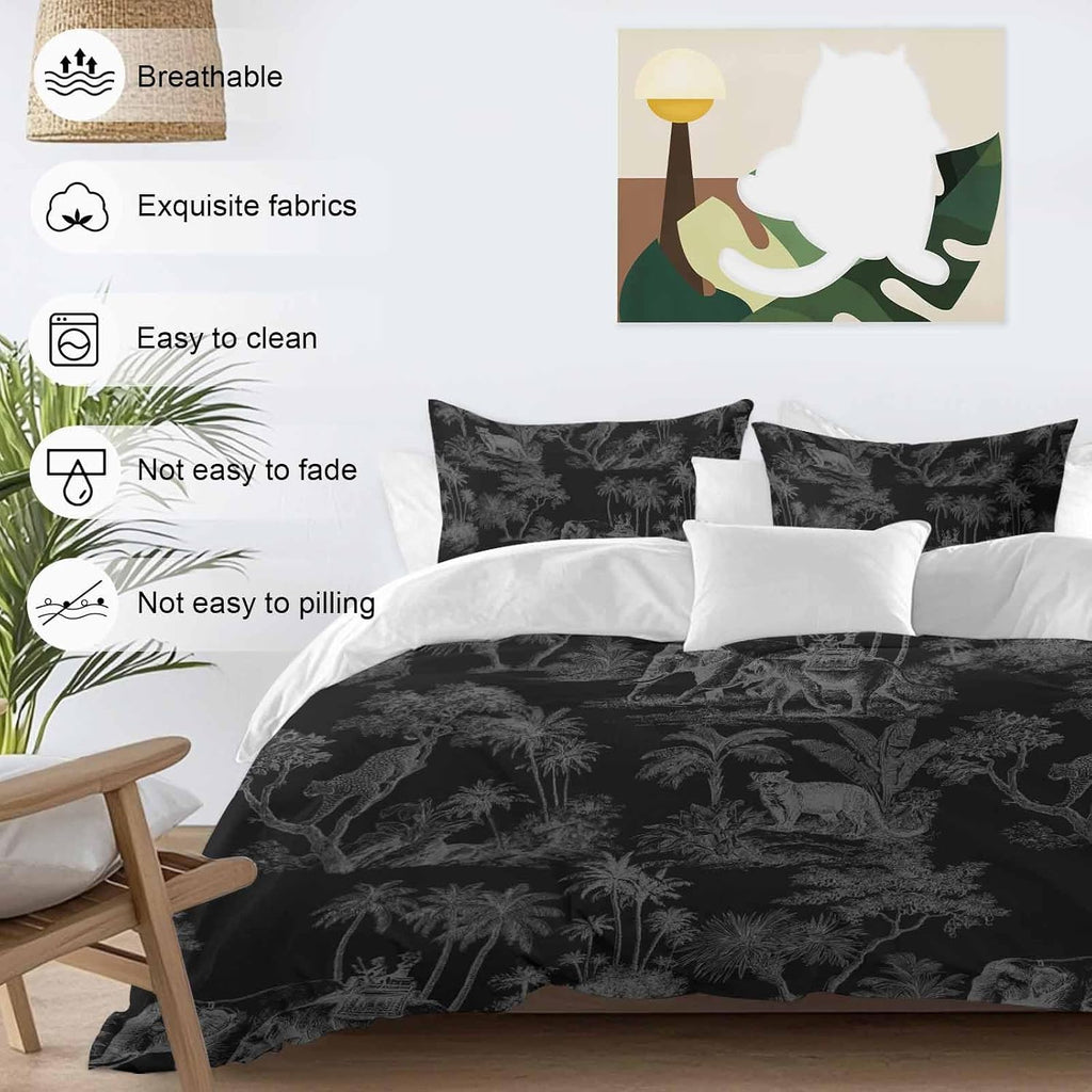 Prime Leader Forest Animal Duvet Cover Set Queen Size 4 Pieces Vintage Forest Elephant Leopard Black Bedding Set with Zipper Closure, 1 Comforter Cover 86x86 Inches 1 Flat Sheet & 2 Pillow Cases