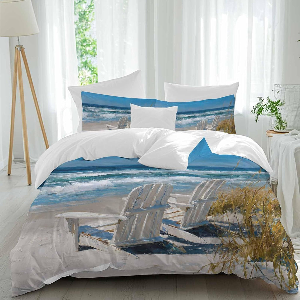 Prime Leader White Chairs Duvet Cover Set Queen Size 4 Pieces American Country Beach Ocean Bedding Set with Zipper Closure, 1 Comforter Cover 92x106 Inches 1 Flat Sheet & 2 Pillow Cases
