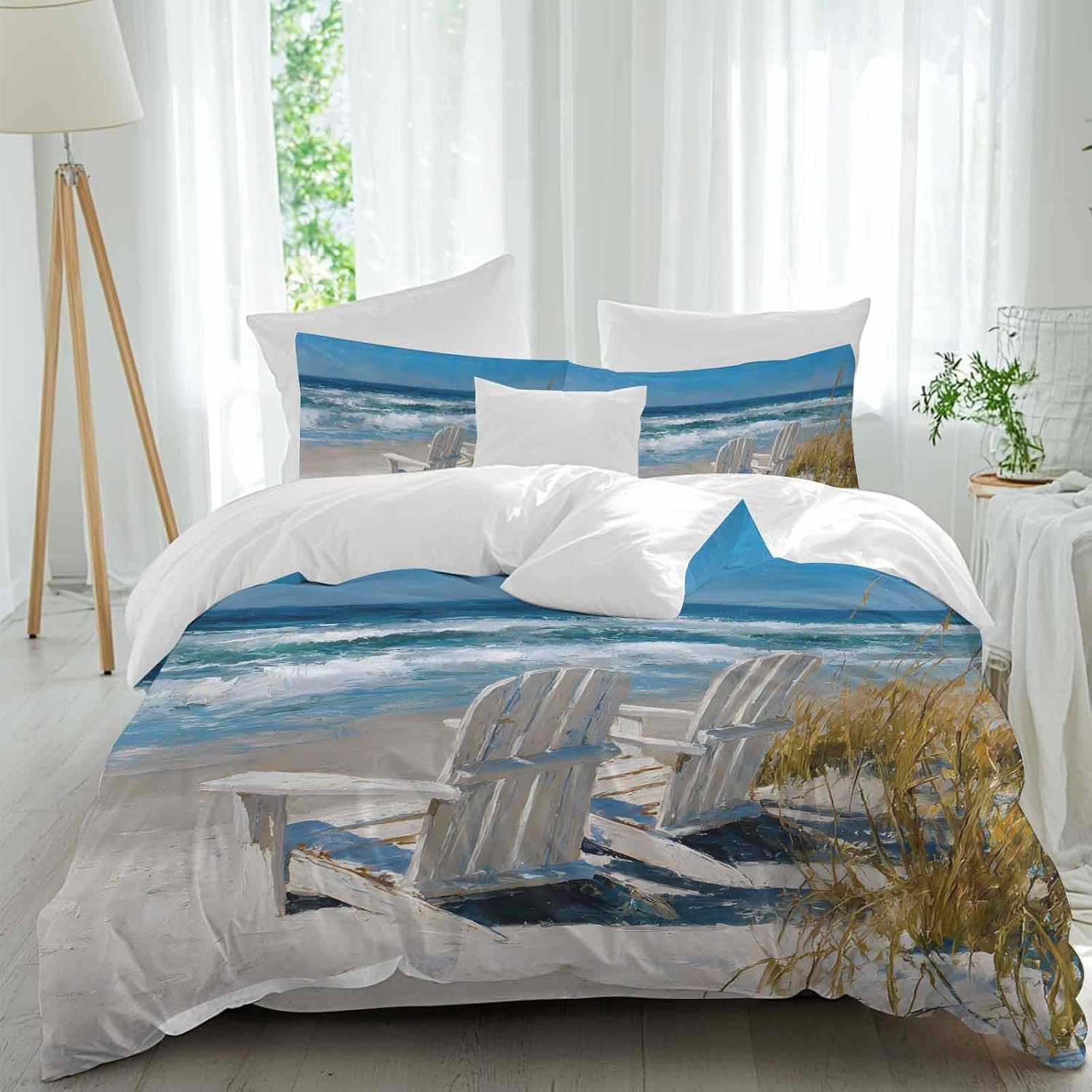Prime Leader White Chairs Duvet Cover Set Queen Size 4 Pieces American Country Beach Ocean Bedding Set with Zipper Closure, 1 Comforter Cover 92x106 Inches 1 Flat Sheet & 2 Pillow Cases