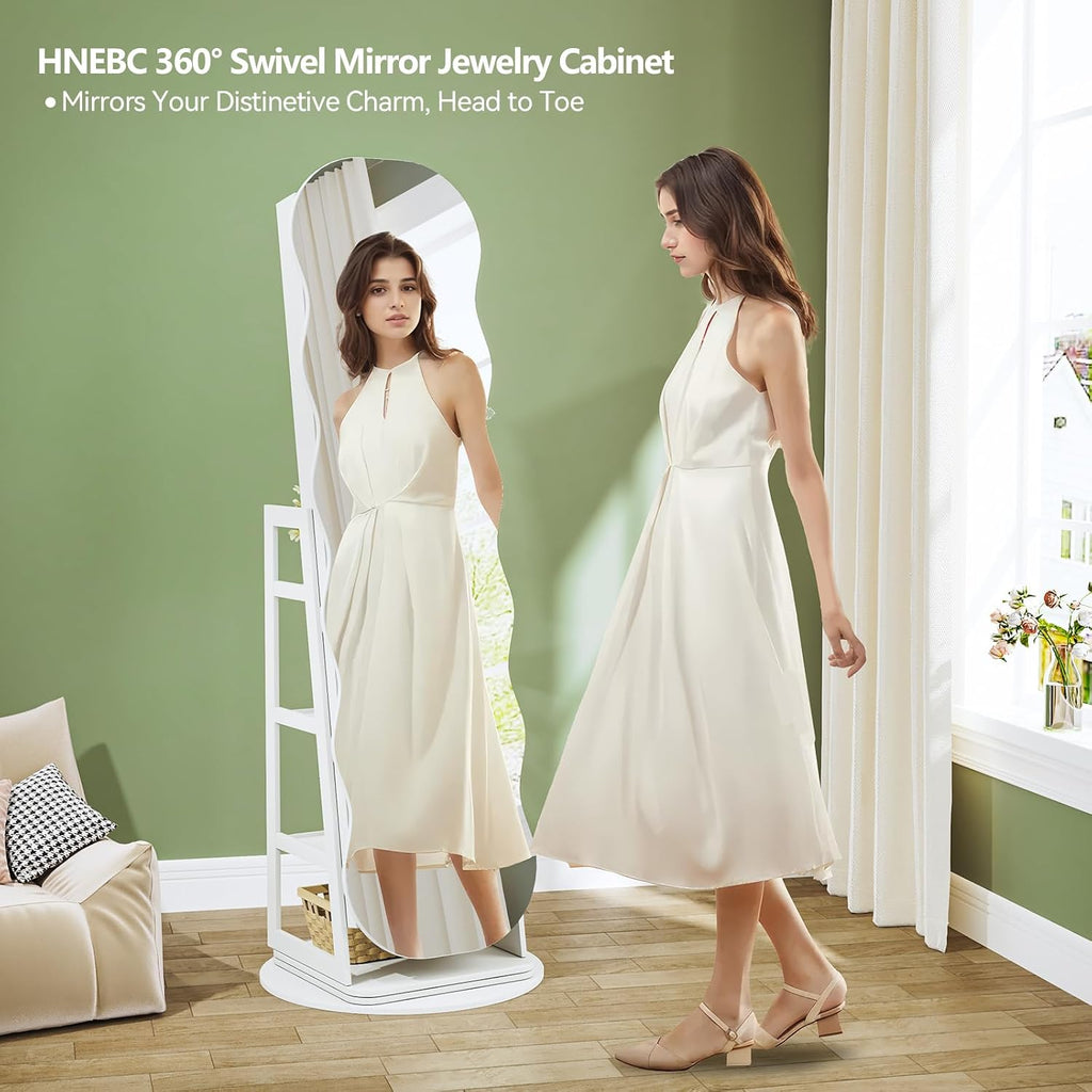 HNEBC 360° Swivel Jewelry Cabinet with Lights, LED Jewelry Armoire with Mirror, Wavy Wide Full-Length Mirror with Storage, Lockable Mirror Jewelry Cabinet Standing (White)