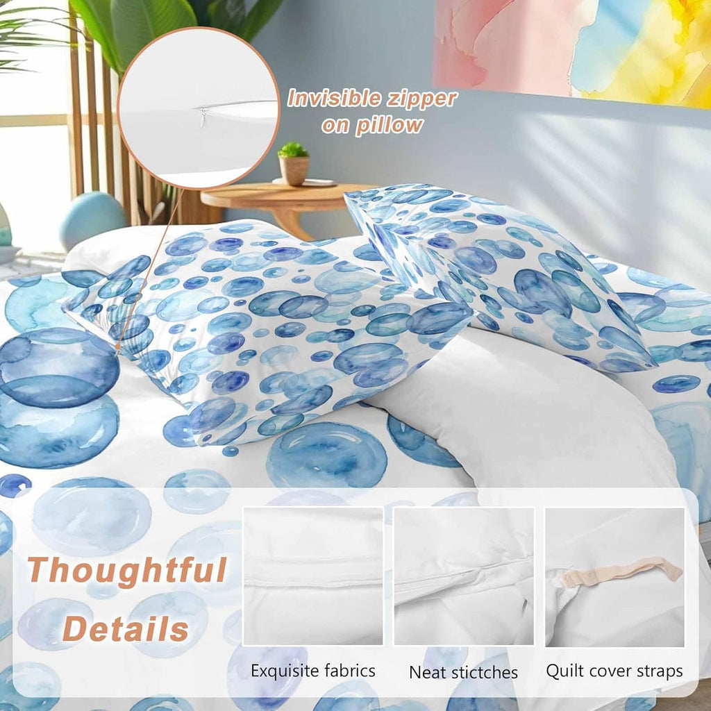 Prime Leader Blue Bubbles Duvet Cover Set Queen Size 4 Pieces Watercolor Gradient Bubble Summer Ocean Bedding Set with Zipper Closure, 1 Comforter Cover 90x92 Inches 1 Flat Sheet & 2 Pillow Cases