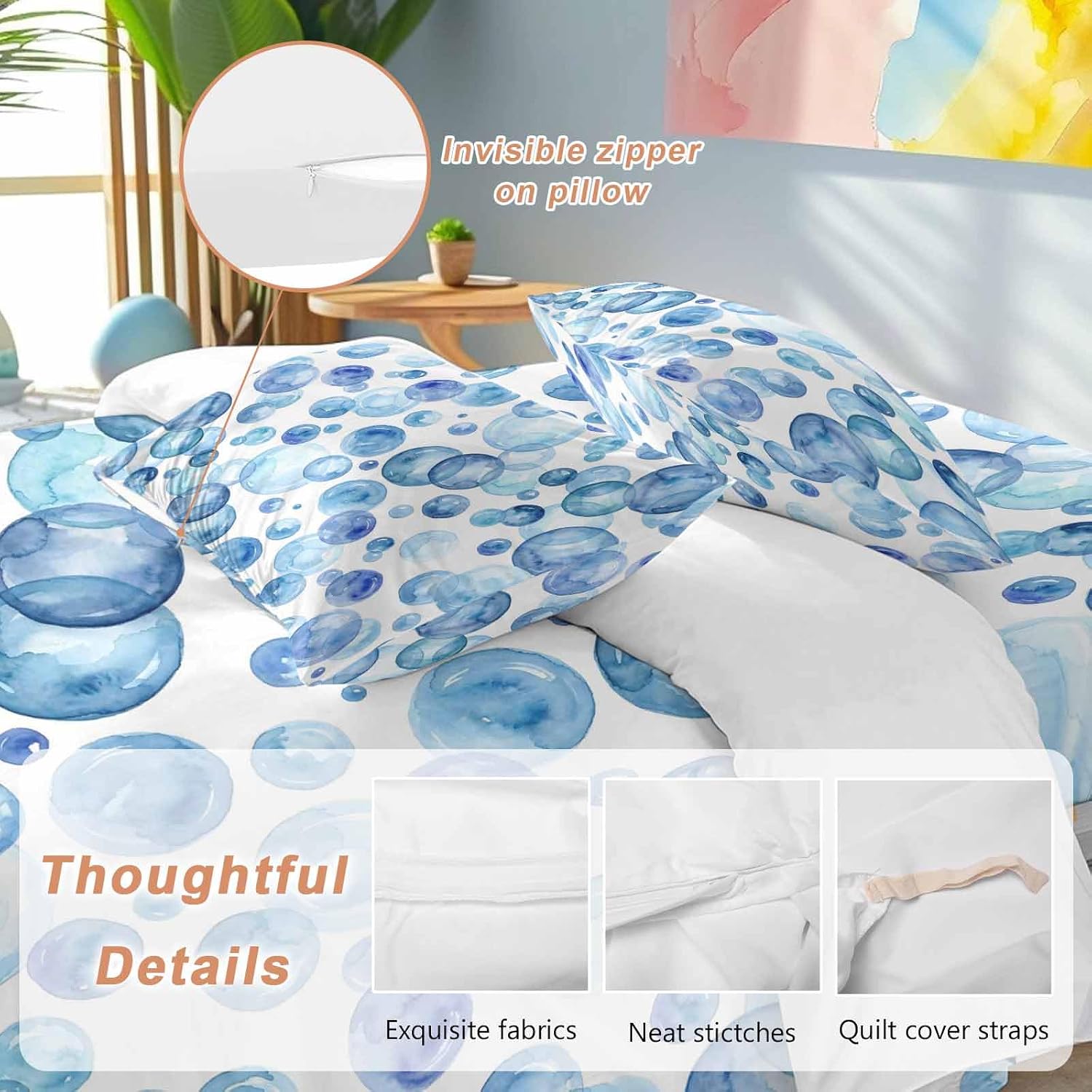 Prime Leader Blue Bubbles Duvet Cover Set Queen Size 4 Pieces Watercolor Gradient Bubble Summer Ocean Bedding Set with Zipper Closure, 1 Comforter Cover 90x92 Inches 1 Flat Sheet & 2 Pillow Cases