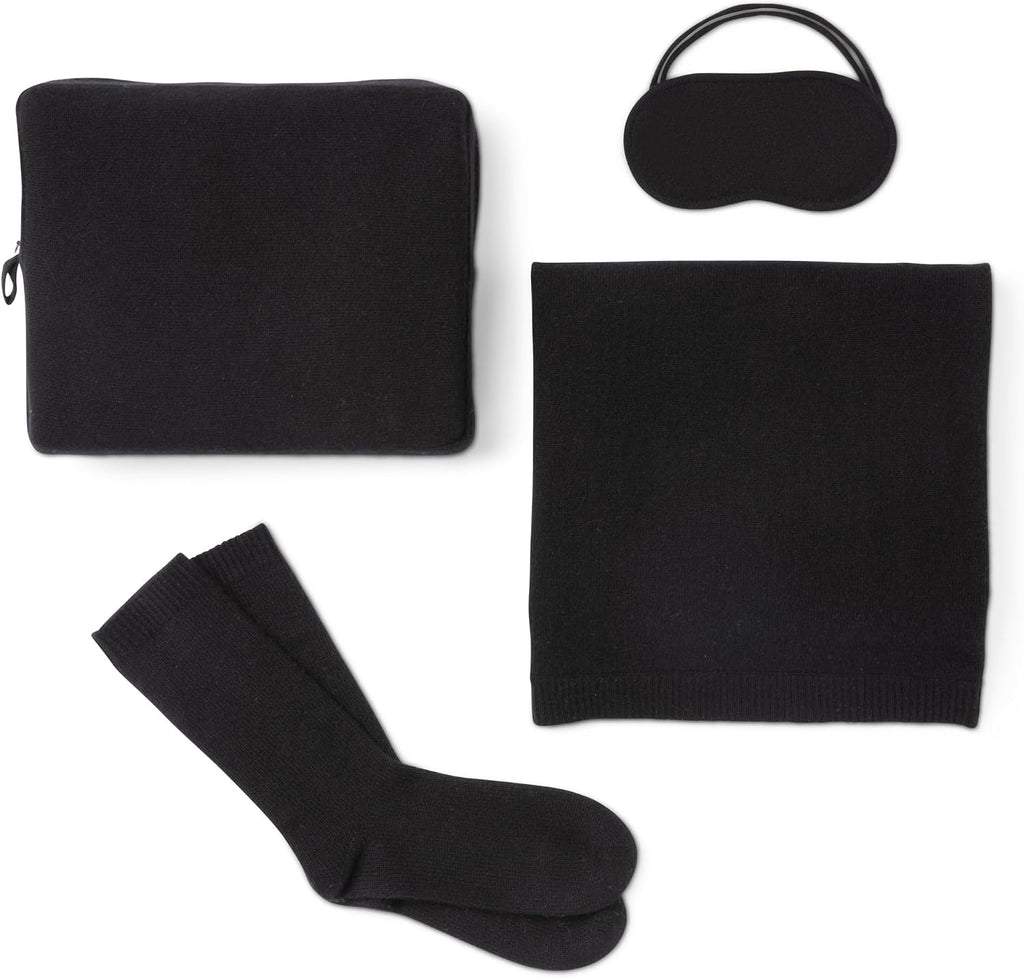 Jet&Bo 100% Pure Cashmere Travel Set: Blanket, Eye Mask, Socks, Carry/Pillow Case Black in Gift Box