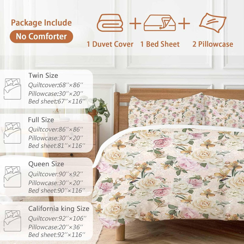 Prime Leader Floral Spring Duvet Cover Set Queen Size 4 Pieces Flower Retro Texture Bedding Set with Zipper Closure, 1 Comforter Cover 92x106 Inches 1 Flat Sheet & 2 Pillow Cases
