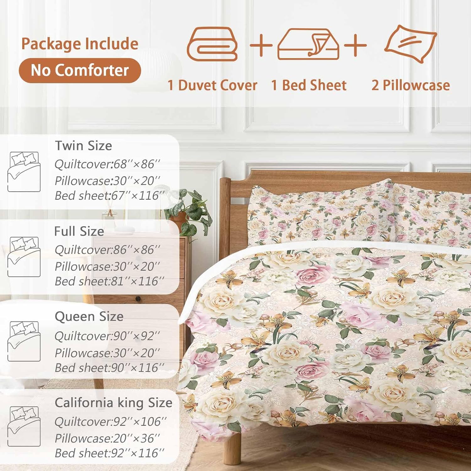Prime Leader Floral Spring Duvet Cover Set Queen Size 4 Pieces Flower Retro Texture Bedding Set with Zipper Closure, 1 Comforter Cover 92x106 Inches 1 Flat Sheet & 2 Pillow Cases