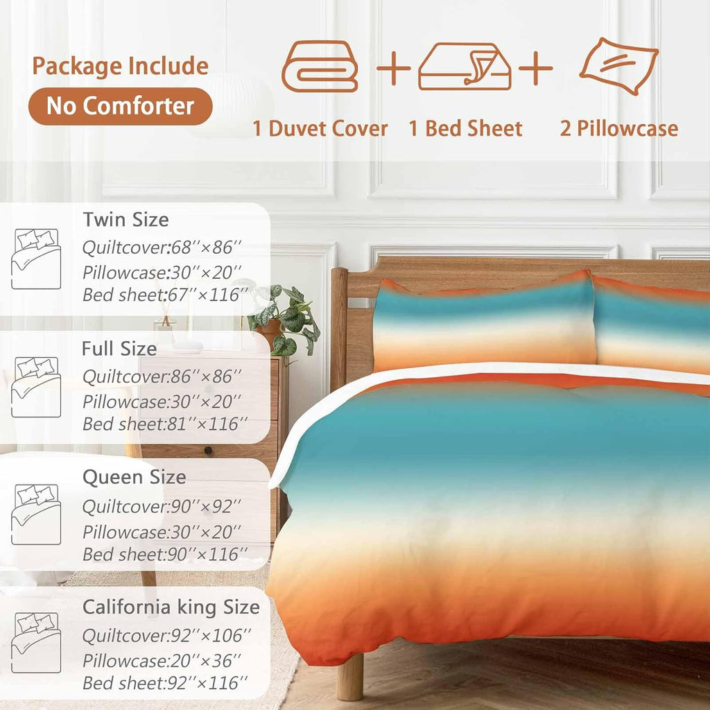 Bohemian Gradient Blue Duvet Cover Set Queen Size 4 Pieces Modern Minimalist Red Orange Ocean Beach Bedding Set with Zipper Closure, 1 Comforter Cover 90x92 Inches 1 Flat Sheet & 2 Pillow Cases