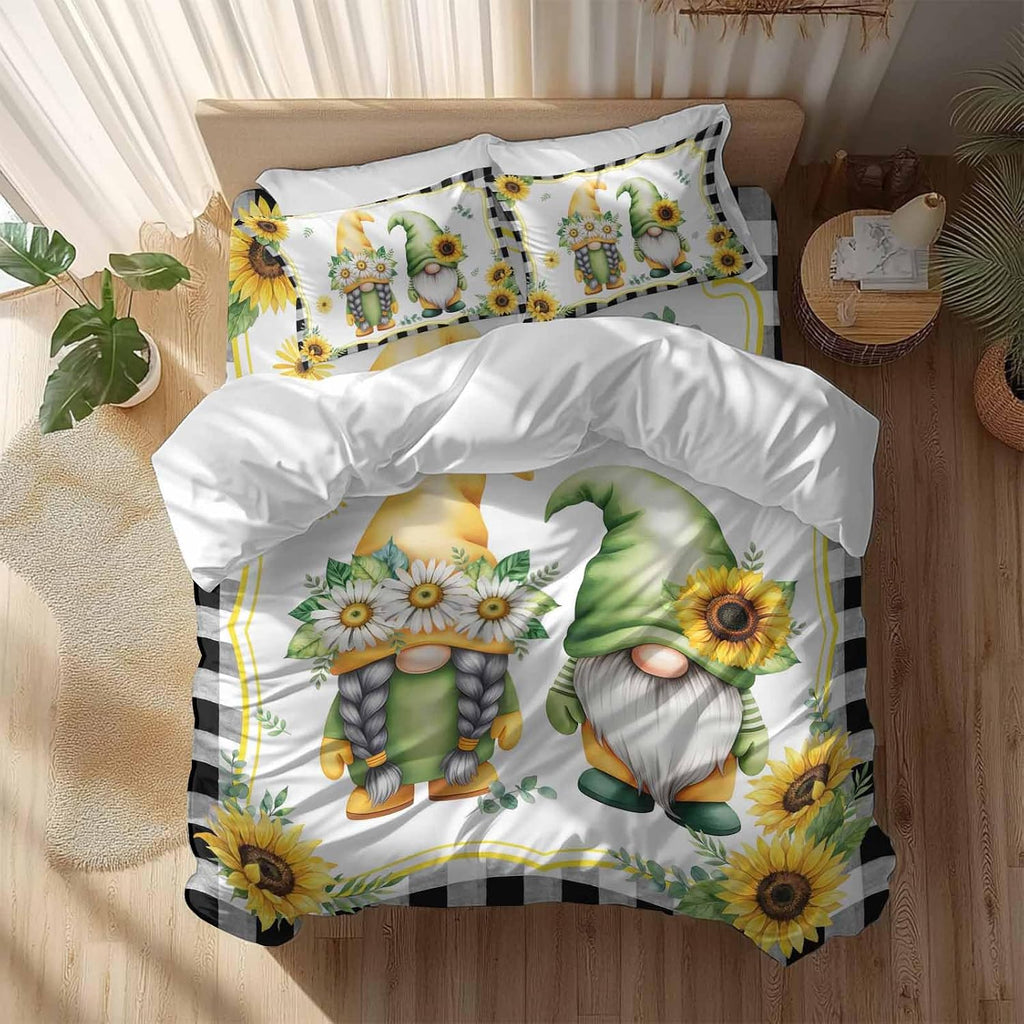 Prime Leader Summer Dwarfs Duvet Cover Set Queen Size 4 Pieces Yellow Sunflower Daisy Black Plaid Field Bedding Set with Zipper Closure, 1 Comforter Cover 92x106 Inches 1 Flat Sheet & 2 Pillow Cases