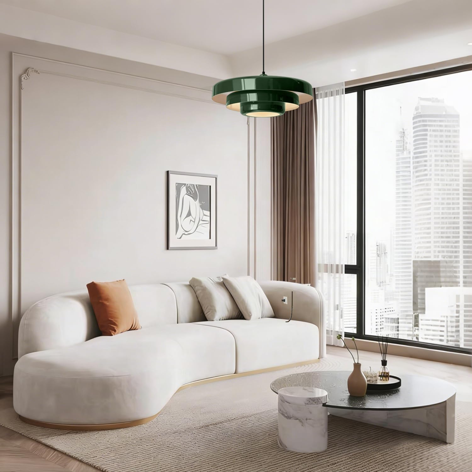 Plug-in Green Pendant Light, Mid Century Hanging Lamp Fixtures with Pulley and Plug in Cord 3-Layer Shade Nordic Style Pendant Lighting Metal Shade for Living Room Dining Room Bedroom Kitchen Island