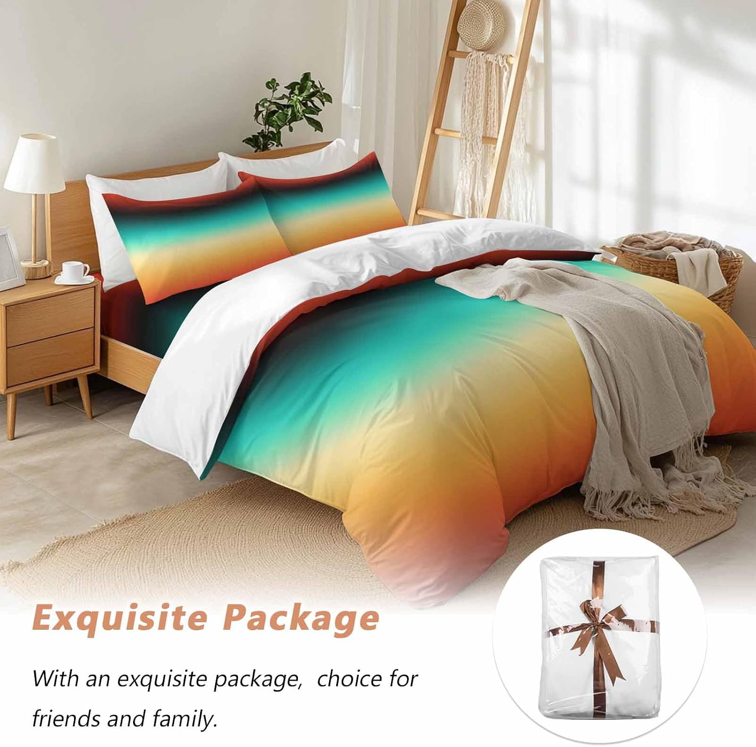 Bohemian Gradient Green Duvet Cover Set Queen Size 4 Pieces Modern Minimalist Orange Yellow Black Ocean Beach Bedding Set with Zipper Closure,1 Comforter Cover 92x106 Inch 1 Flat Sheet&2 Pillow Cases
