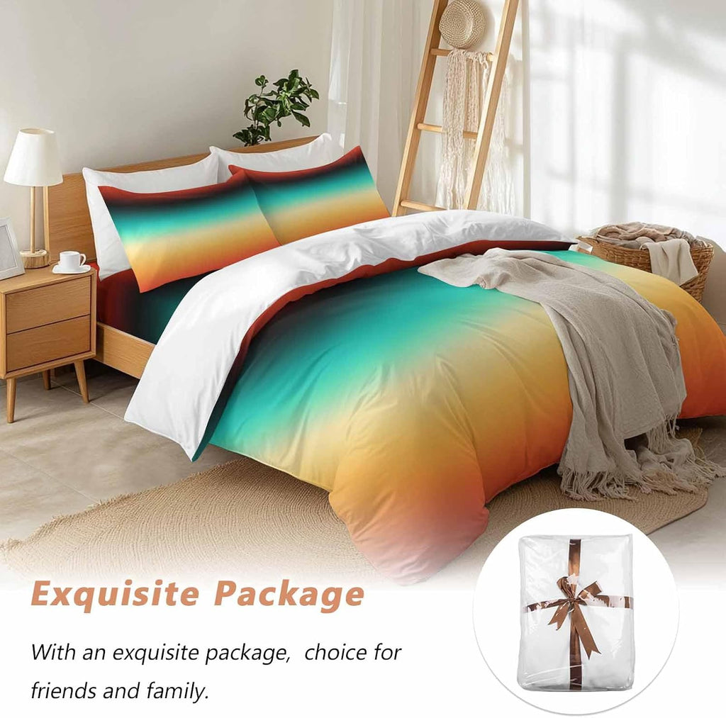 Bohemian Gradient Green Duvet Cover Set Queen Size 4 Pieces Modern Minimalist Orange Yellow Black Ocean Beach Bedding Set with Zipper Closure,1 Comforter Cover 90x92 Inches 1 Flat Sheet&2 Pillow Cases