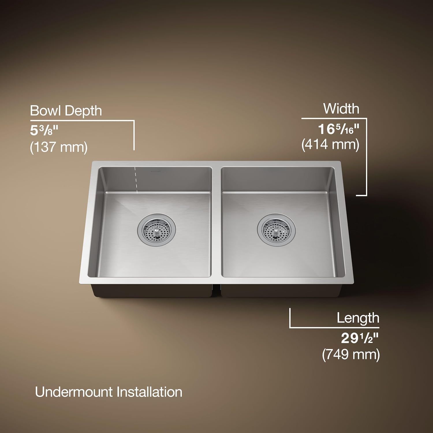 KOHLER Strive 29-1/2' Undermount Double-Bowl Kitchen Sink, Includes Accessories, Stainless Steel, Durable Construction, Sound-Absorbing, K-33155-NA