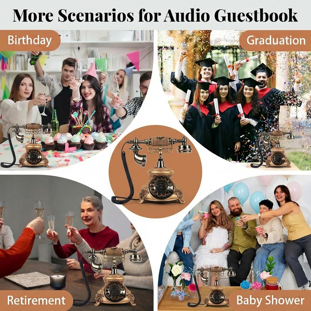 Audio Guest Book Wedding Phone, Audio Guestbook, Recording Wedding Phone Guest Book, Retro Design Perfect for Weddings/Anniversaries/Parties/Birthday/Graduation/Baby Shower/Retirement，Golden