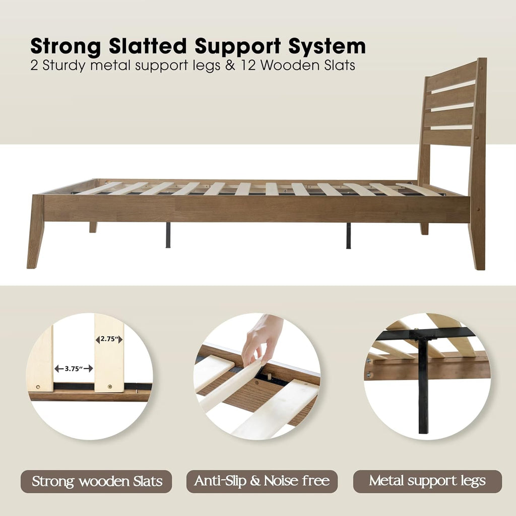 Queen Size Bed Frame, Solid Wood Platform Bed with Headboard & Footboard, Center Metal Legs, 12 Strong Slatted Base, No Box Spring Needed, Anti-Noise & Slip-Free Easy Assembly, Barnwood Finish RKQ-30