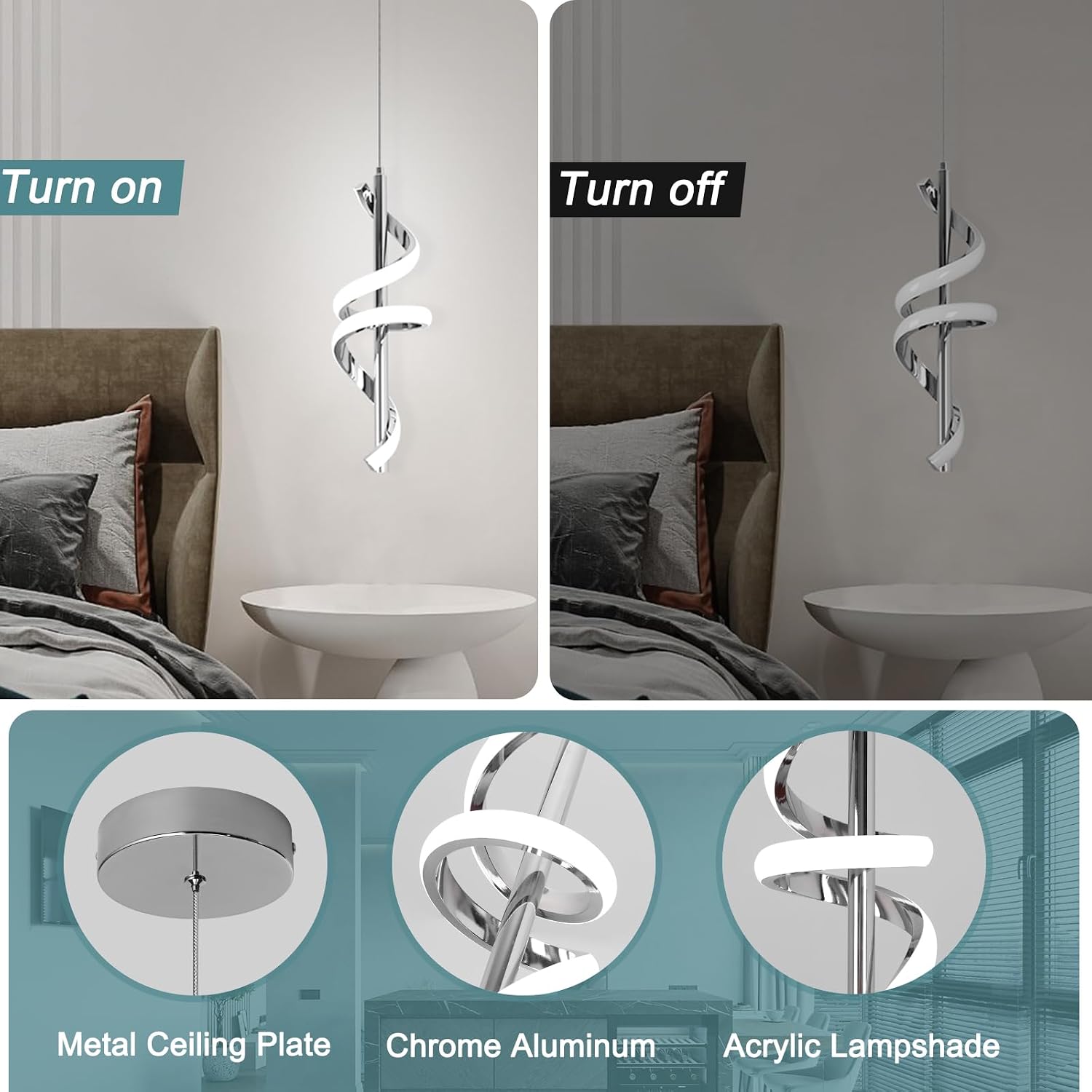 Spiral Led Pendant Light Fixtures, 5500K Cold White Modern Led Pendant Lamp Kitchen Island, Adjustable Height Kitchen Island Lights Fixtures for Dining Room Kitchen Bedroom Cafe, 3 Packs