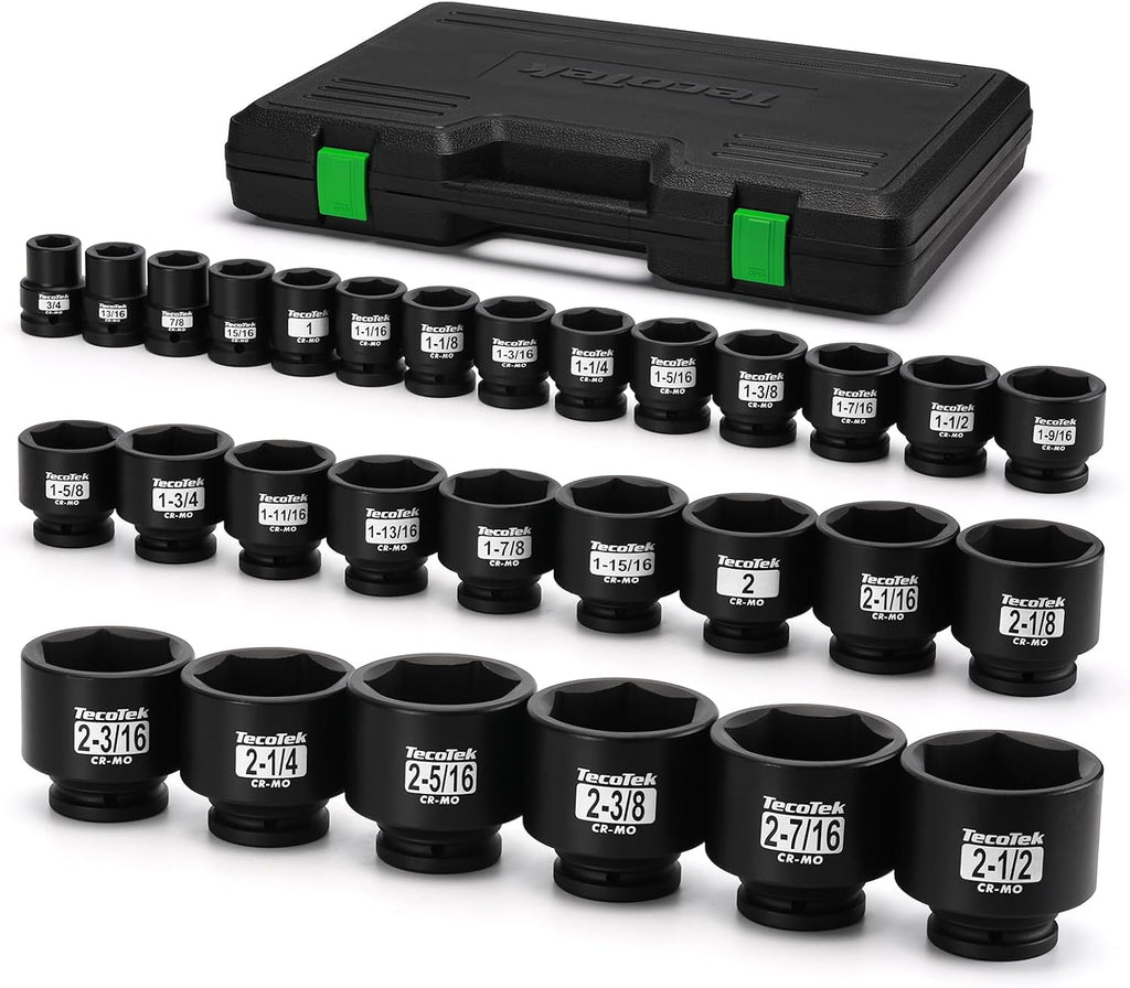 TecoTek 3/4' Drive Shallow 6-Point Impact Socket Set, 29-Piece Jumbo Assortment, CR-MO, SAE, 3/4 inch - 2-1/2 inch, Heavy Duty Storage Case
