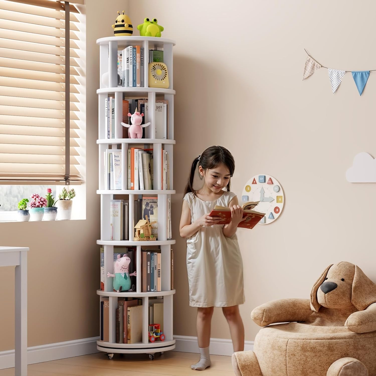 Muwuele Solid Wood Rotating Bookshelf on Wheels, 6 Tier, Round Revolving Bookcase, 360° Spinning Book Shelf Tower for Kids, Narrow Rolling Bookshelves for Small Space, Corner, Bedroom, Office, White