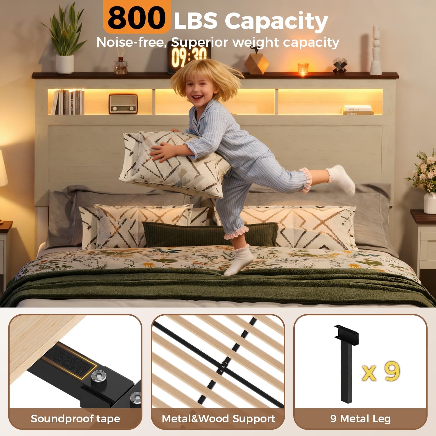 FUNKOCO Wood Full Bed Frame with Nightstand Set of 2，Farmhouse Bed Frame with Cat & Dog Bed, Storage Headboard and 2 Drawers, LED Lights & Charging Station, Noise Free, No Box Spring Needed