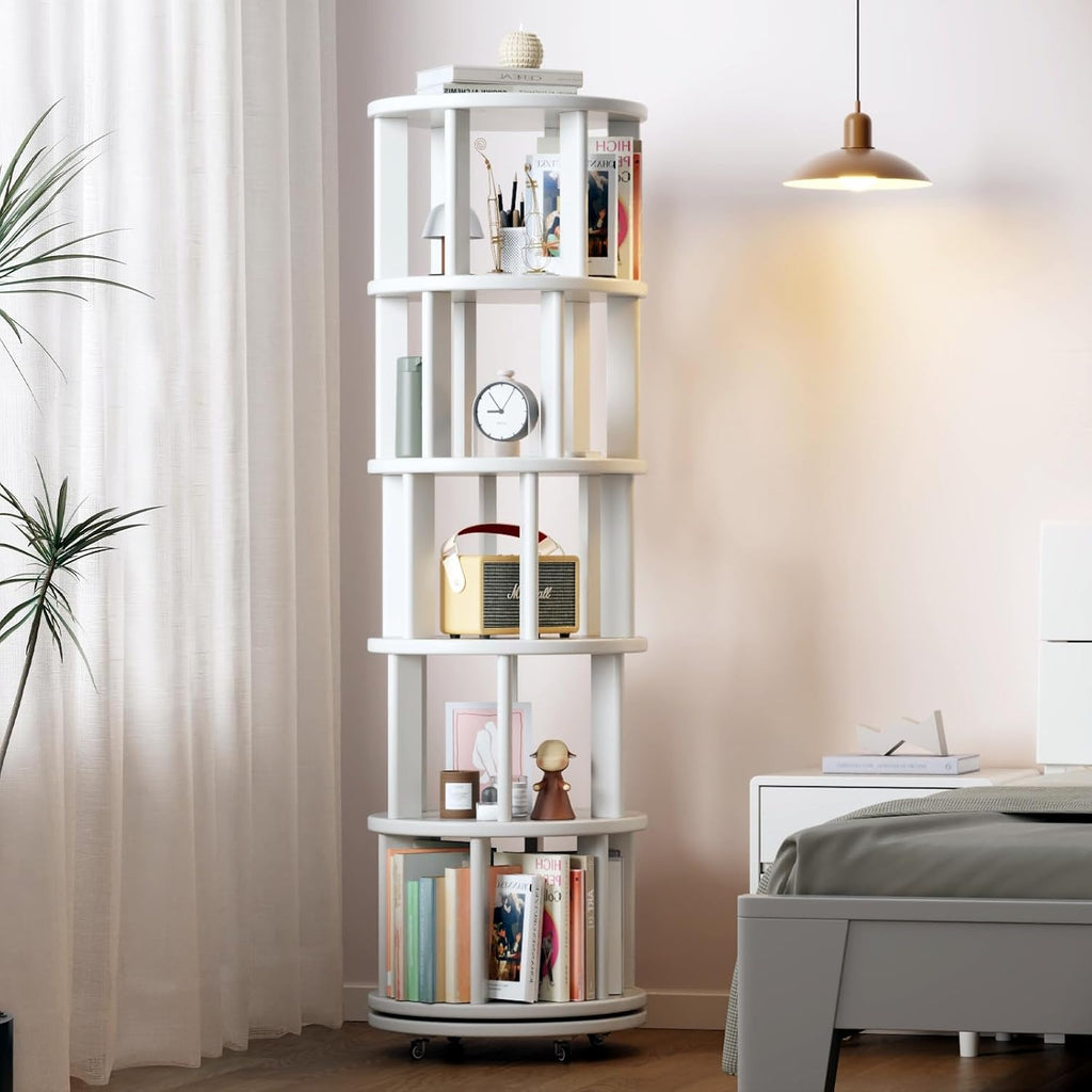 Muwuele Solid Wood Rotating Bookshelf on Wheels, 5 Tier, Round Revolving Bookcase, 360° Spinning Book Shelf Tower for Kids, Narrow Rolling Bookshelves for Small Space, Corner, Bedroom, Office, White