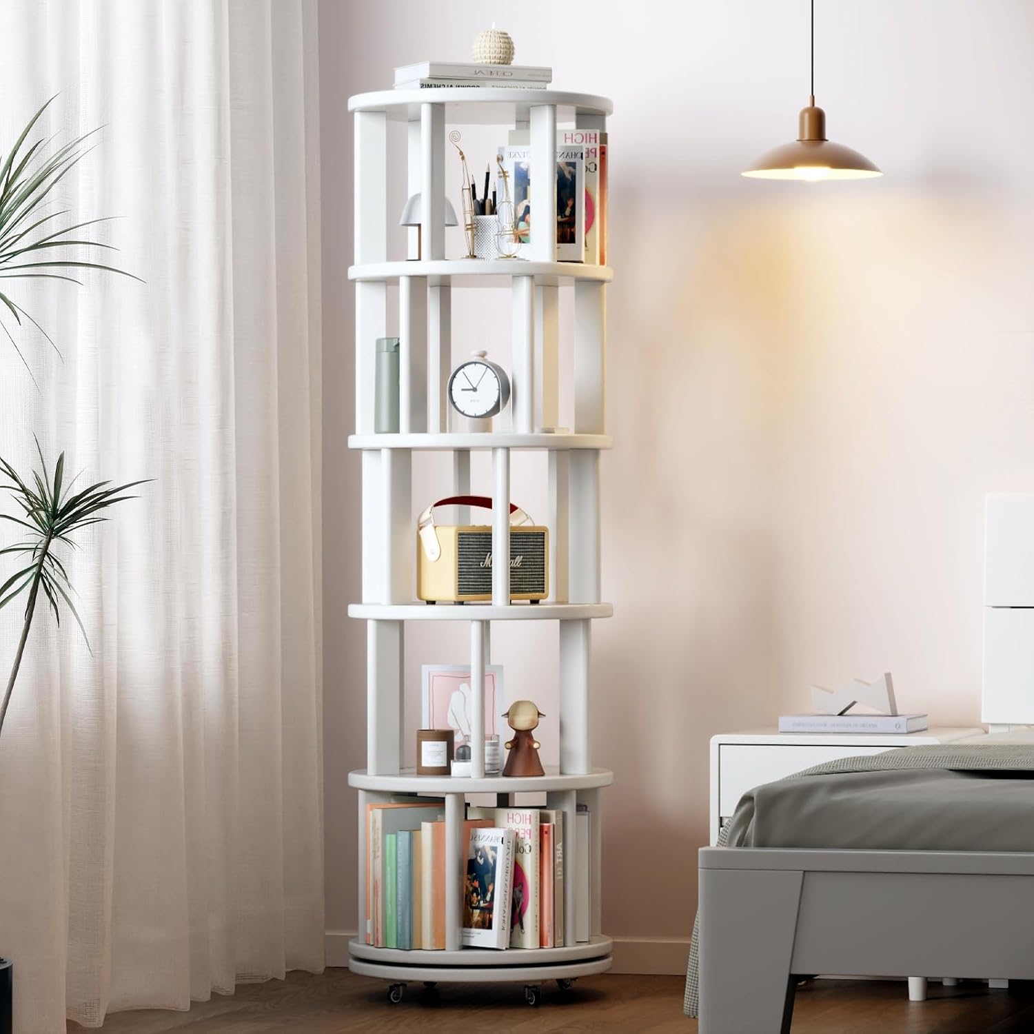 Muwuele Solid Wood Rotating Bookshelf on Wheels, 5 Tier, Round Revolving Bookcase, 360° Spinning Book Shelf Tower for Kids, Narrow Rolling Bookshelves for Small Space, Corner, Bedroom, Office, White