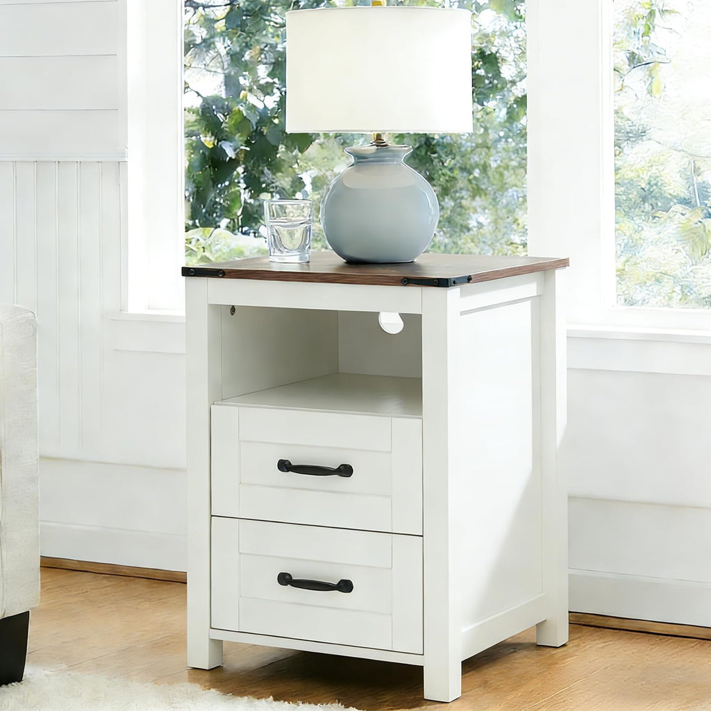 Farmhouse Night Stand Set of 2, Rustic White Nightstand for Bedroom, End Tables Without Charging Station, Bedside Table with Drawers, Wood Bedside Cabinet Dresser