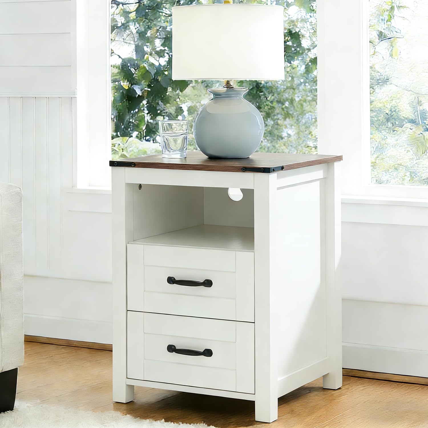 Farmhouse Night Stand Set of 2, Rustic White Nightstand for Bedroom, End Tables Without Charging Station, Bedside Table with Drawers, Wood Bedside Cabinet Dresser