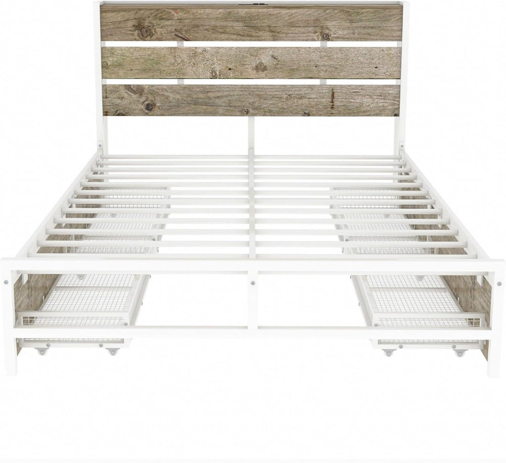 Rustic Wood Platform Bed Frame with 4-Drawer Storage, Charging Station Headboard, 12 Metal Slats, No Box Spring Needed, USB Ports & Outlets, Full Size Modern Bedroom Furniture Set