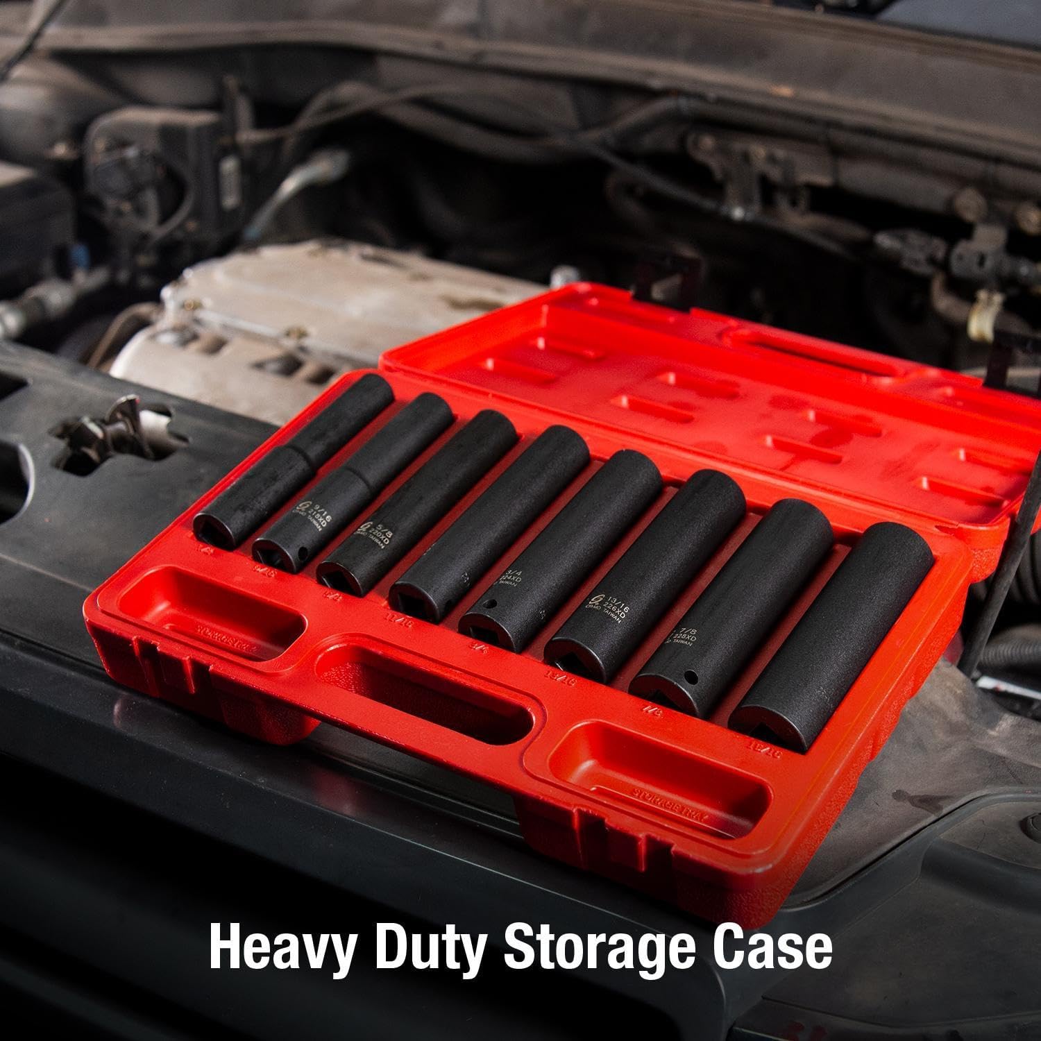 SUNEX TOOLS 2848, 1/2 Inch Drive Impact Socket Set, Extra Long Deep, 8-Piece, SAE, 1/2'-15/16', Cr-Mo Alloy Steel, Radius Corner Design, Dual Size Markings, Heavy Duty Storage Case
