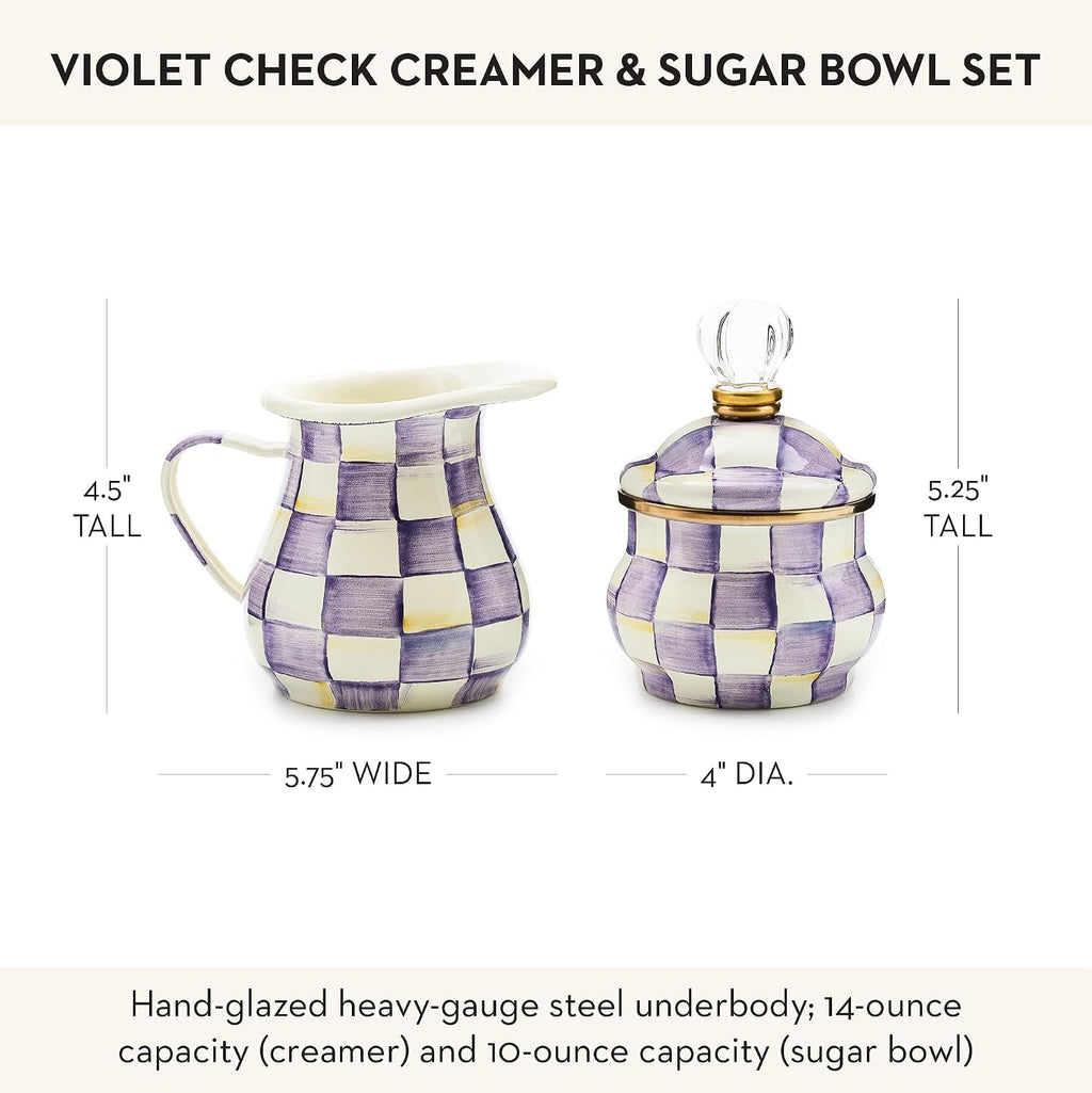 MACKENZIE-CHILDS Enamel Creamer and Sugar Bowl Set, Cream Dispenser with Pour Spout and Sugar Holder, Unique Kitchen Decor, Purple-and-White Violet Check