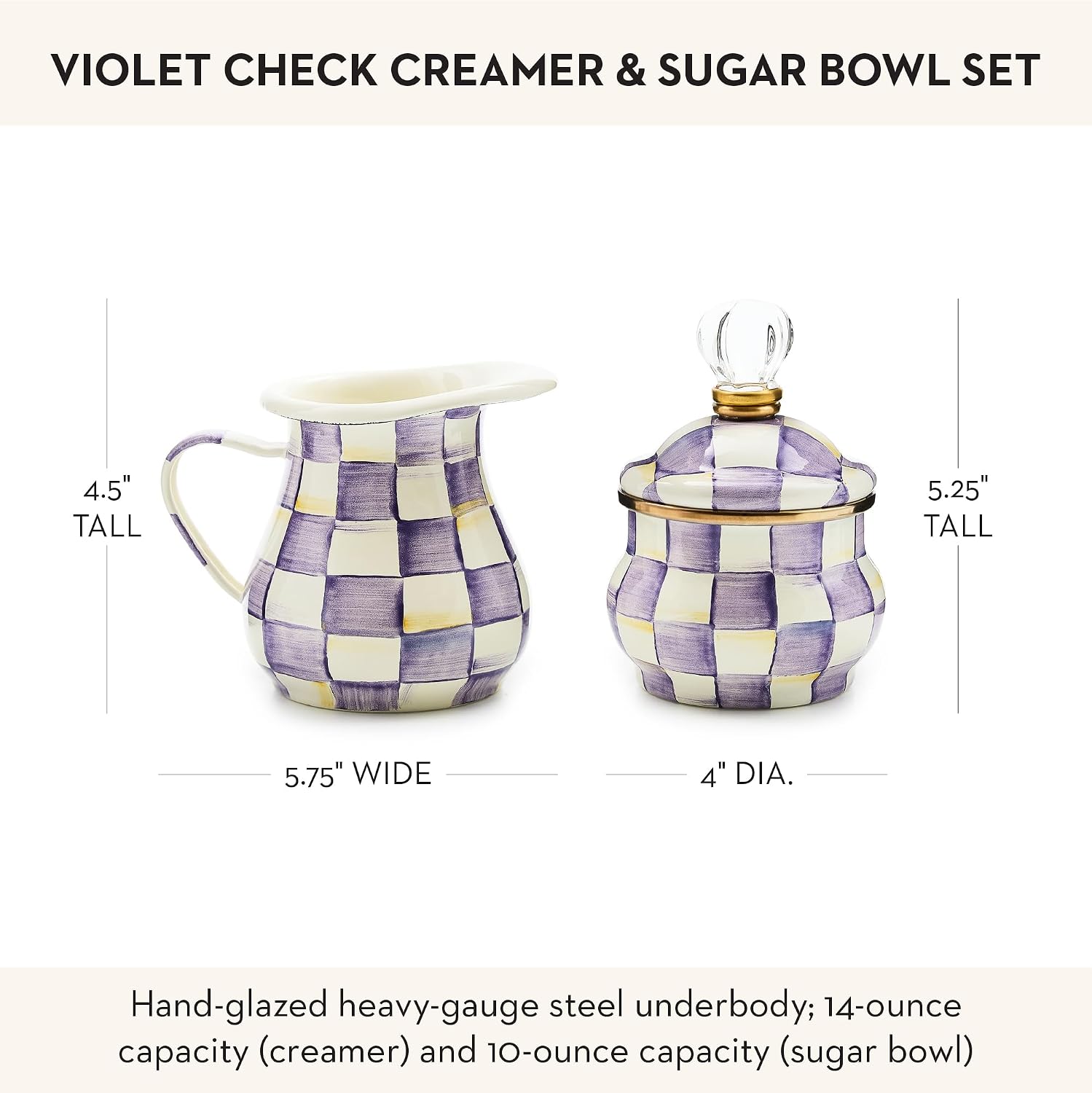 MACKENZIE-CHILDS Enamel Creamer and Sugar Bowl Set, Cream Dispenser with Pour Spout and Sugar Holder, Unique Kitchen Decor, Purple-and-White Violet Check