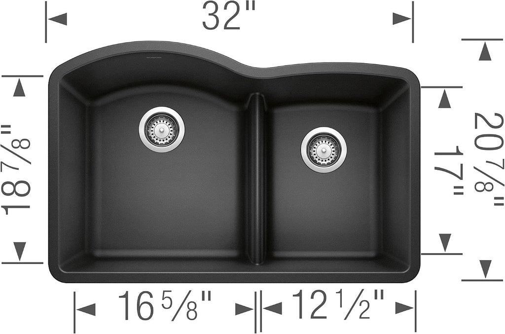 BLANCO, Anthracite 441590 DIAMOND SILGRANIT 60/40 Double Bowl Undermount Kitchen Sink with Low Divide, 32' X 21'
