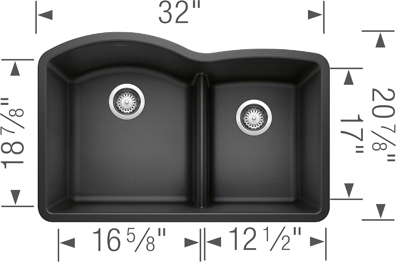 BLANCO, Anthracite 441590 DIAMOND SILGRANIT 60/40 Double Bowl Undermount Kitchen Sink with Low Divide, 32' X 21'