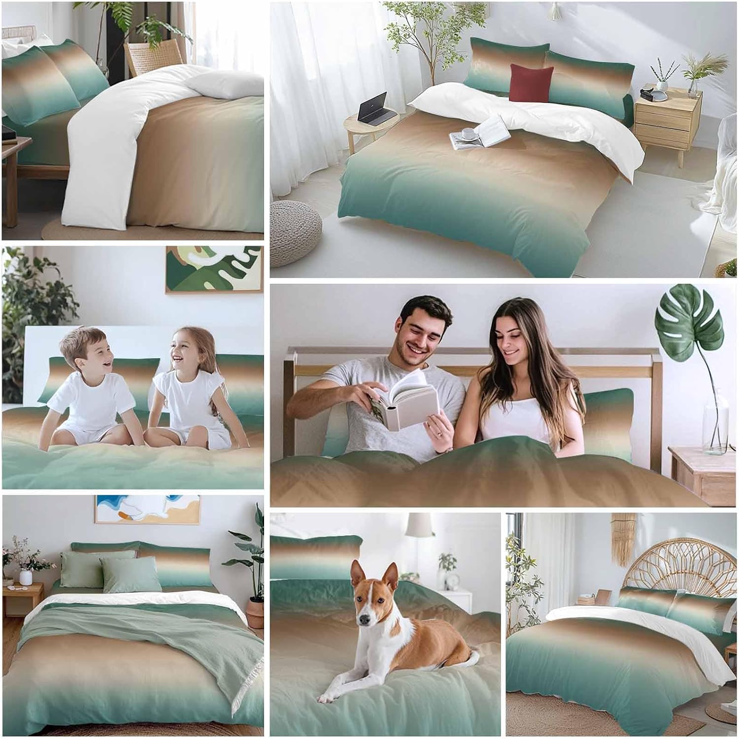Prime Leader Gradient Green Duvet Cover Set Queen Size 4 Pieces Modern Minimalist Green Brown Ocean Beach Bedding Set with Zipper Closure, 1 Comforter Cover 86x86 Inches 1 Flat Sheet & 2 Pillow Cases