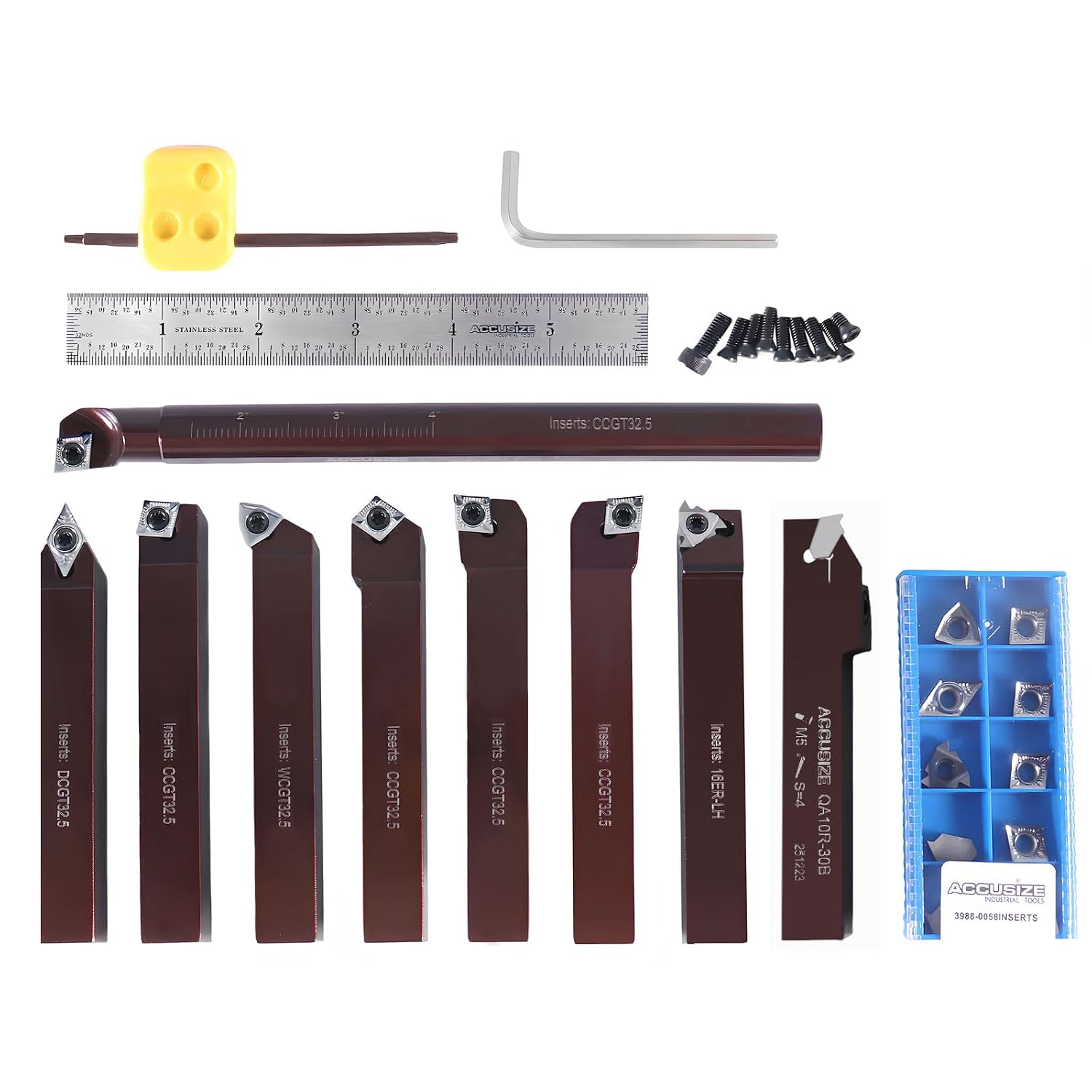 Accusize Industrial Tools 5/8' Shank 9-Piece Indexable Turning & Boring Tool Set, Uncoated Sharp-Edge Inserts for Aluminum, 3988-0058