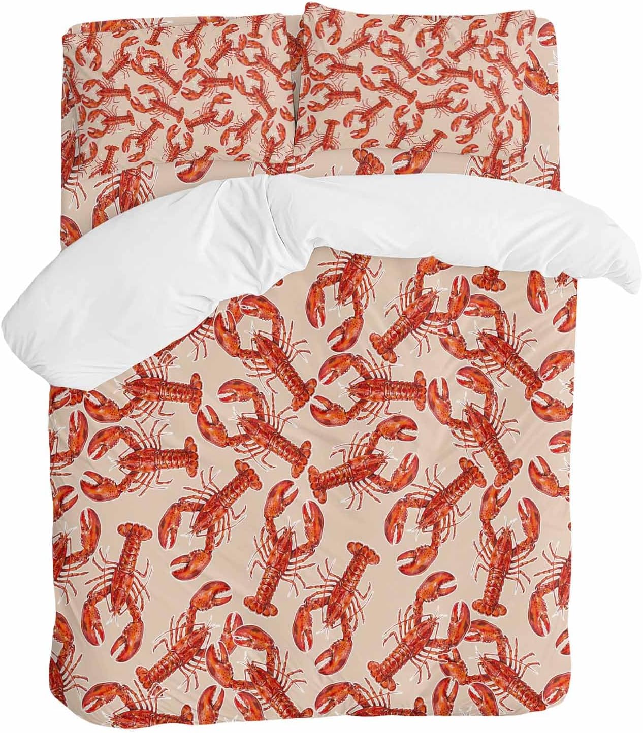 Red Lobster Duvet Cover Set Queen Size 4 Pieces Summer Crawfish Ocean Animal Minimalist Art Retro Bedding Set with Zipper Closure, 1 Comforter Cover 92x106 Inches 1 Flat Sheet & 2 Pillow Cases