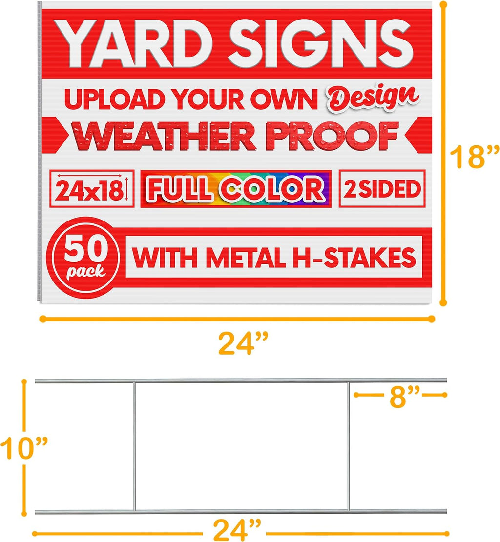 50 pack 24x18' Double Sided Custom Yard Sign with Metal Stake Front and Back Custom Printed Personalized Lawn Sign for Business, Real Estate, or Yard Sale, Full Color Corrugated Plastic Signage for Outdoors, Home, Office, Business (50-Pack)