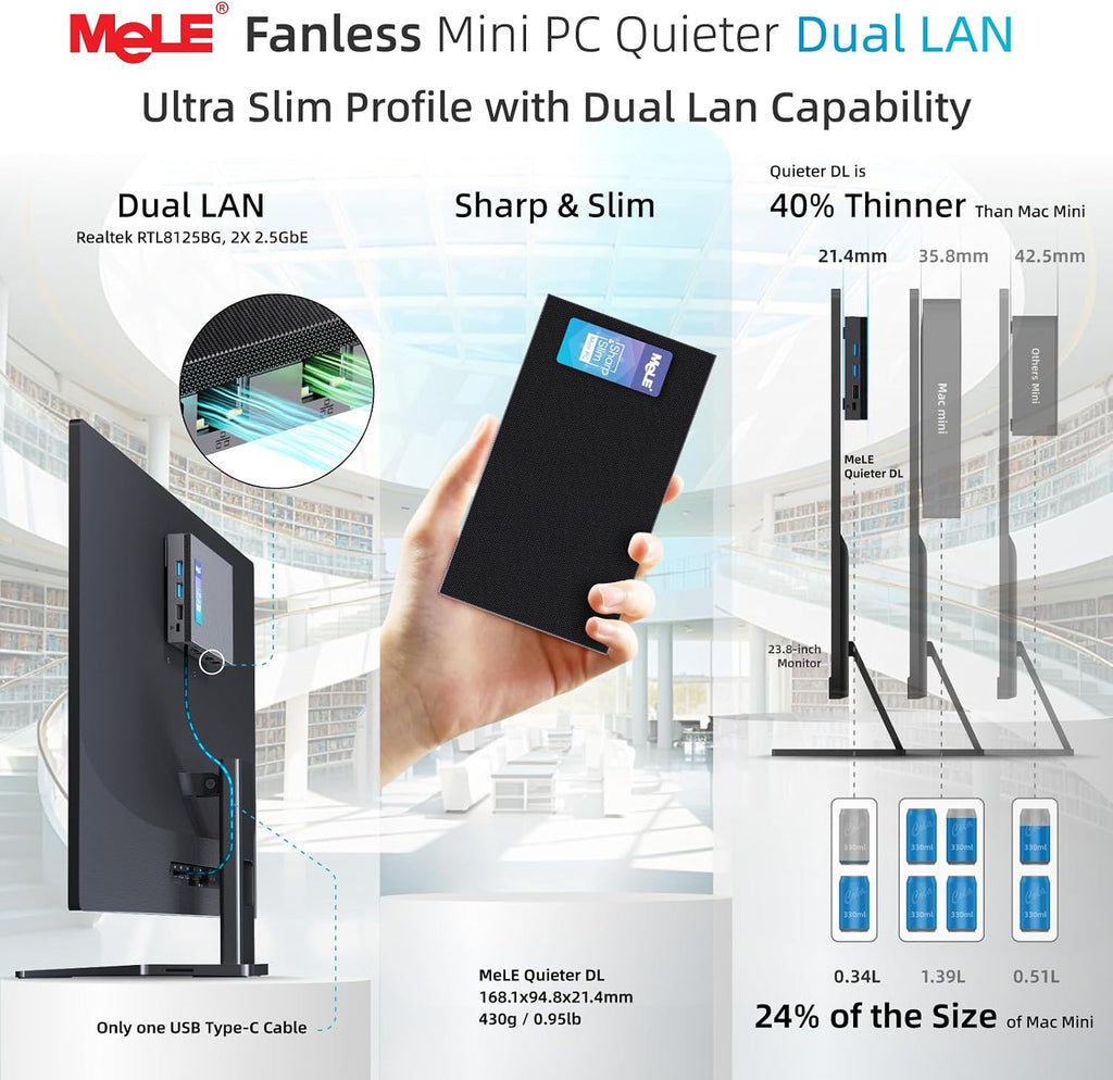 MeLE QuieterDL Fanless Mini PC N150 2.5Gb Dual LAN 4GB 128GB Small Computer | up to 3.6GHz, USB-C, 4K HDMI, DP1.4, Triple Display, 24/7 Stability, Auto Power On, Wake on LAN, VESA, Low Power Consumption