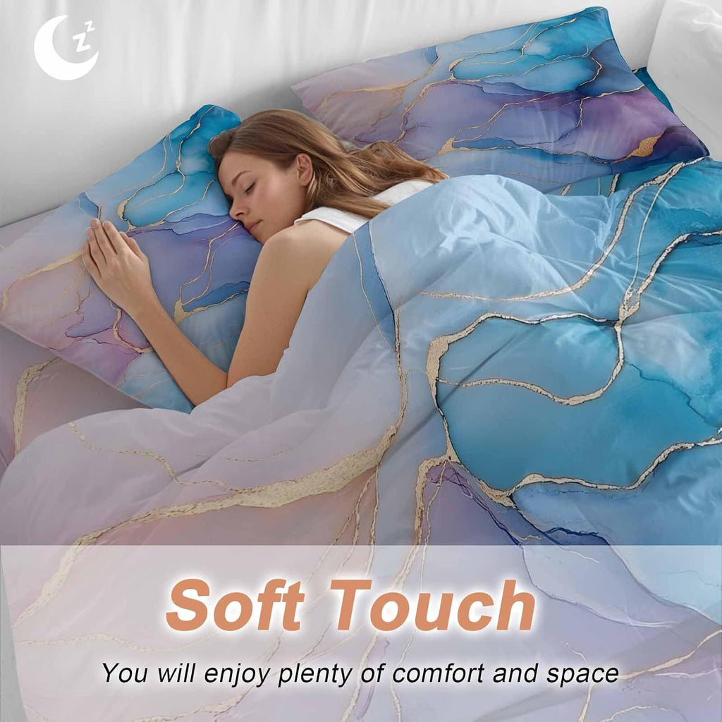 Prime Leader Abstract Impressionist Duvet Cover Set Queen Size 4 Pieces Blue Marble Texture Bedding Set with Zipper Closure, 1 Comforter Cover 92x106 Inches 1 Flat Sheet & 2 Pillow Cases