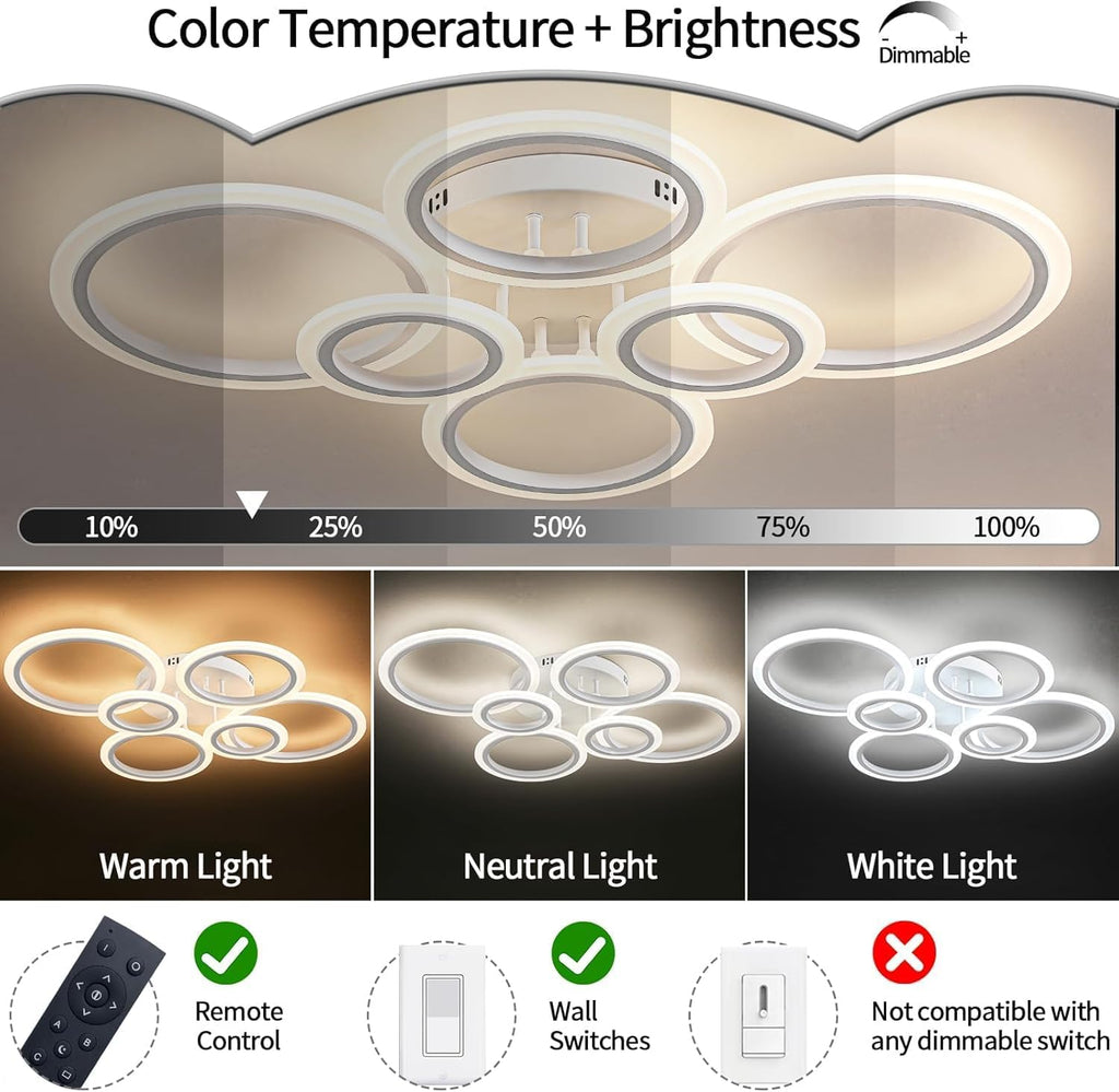 Shine LUEST 60W Modern LED Ceiling Light Fixture, Dimmable LED Chandelier Flush Mount Ceiling Lights Remote Control 6 Acrylic Ring Ceiling Lamp Fixture for Living Room Dining Room Bedroom, 7640LM