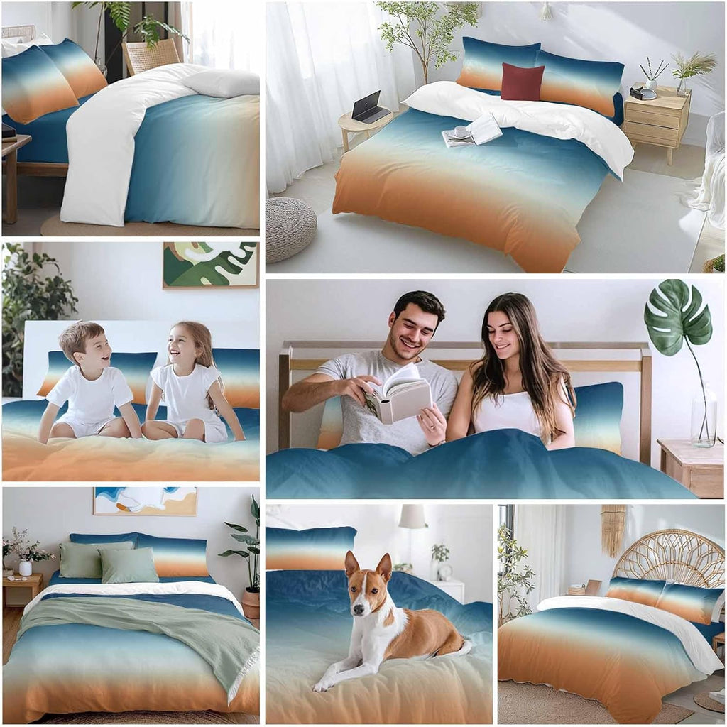 Prime Leader Gradient Blue Duvet Cover Set Queen Size 4 Pieces Modern Minimalist Orange Blue Ocean Beach Bedding Set with Zipper Closure, 1 Comforter Cover 86x86 Inches 1 Flat Sheet & 2 Pillow Cases