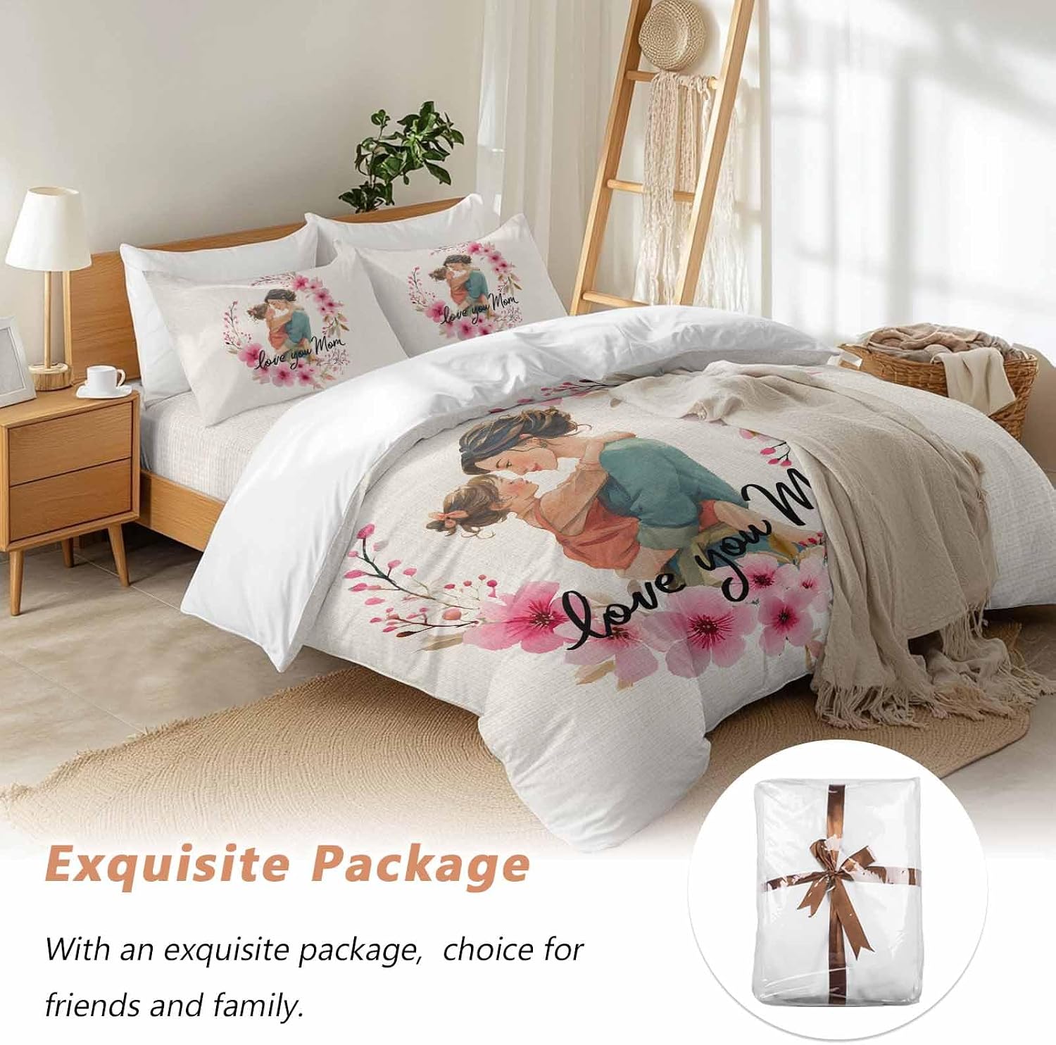 Mother's Day Duvet Cover Set Queen Size 4 Pieces Cartoon Characters Pink Flower Vintage Linen Texture Bedding Set with Zipper Closure, 1 Comforter Cover 92x106 Inches 1 Flat Sheet & 2 Pillow Cases